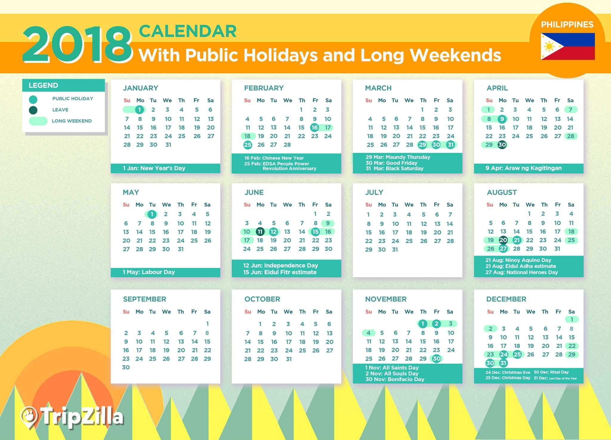 13 Long Weekends In The Philippines In 2018 Printable Calendar 2018 Calendar Holidays In The Philippines