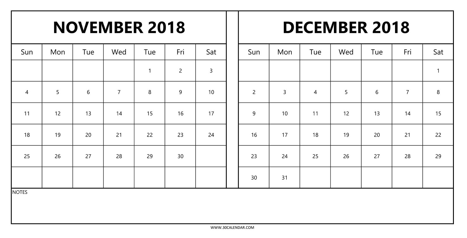 2 Month Calendar 2018 November December – Template Calendar Design Print 2 Month Calendar Free