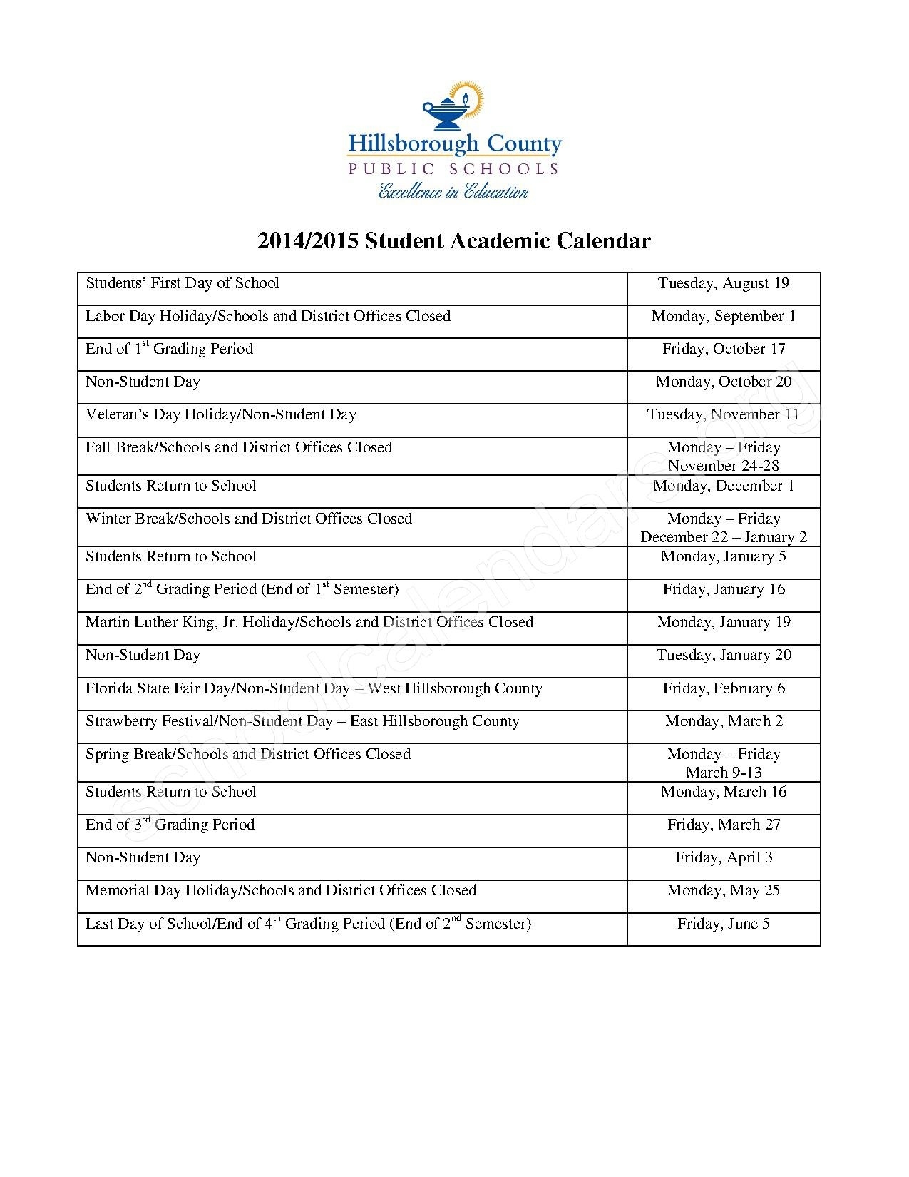 2014 2015 Student Calendar Page 1 On Hillsborough County Schools Calendar School Hillsborough County