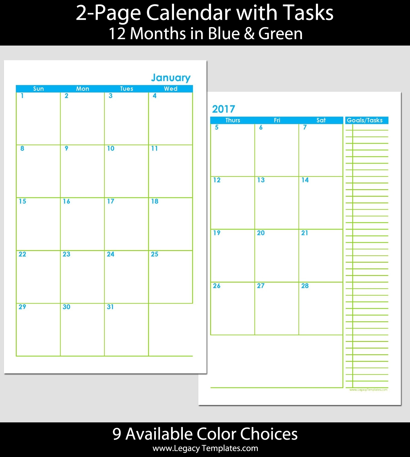2015 12-Month 2 Page Calendar - Half Size | Legacy Templates 5 X 8 Monthly Calendar Template