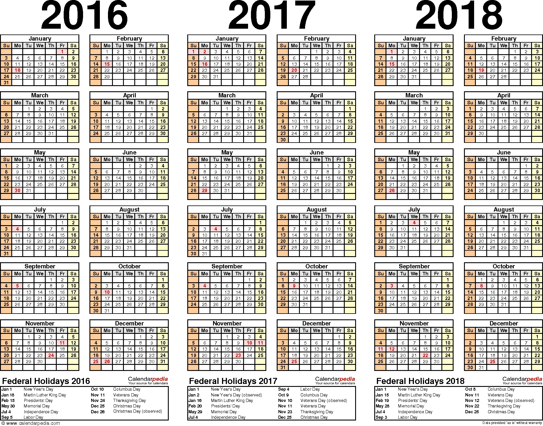 2016/2017/2018 Calendar - 4 Three-Year Printable Pdf Calendars 3 Year Calendar With Holidays