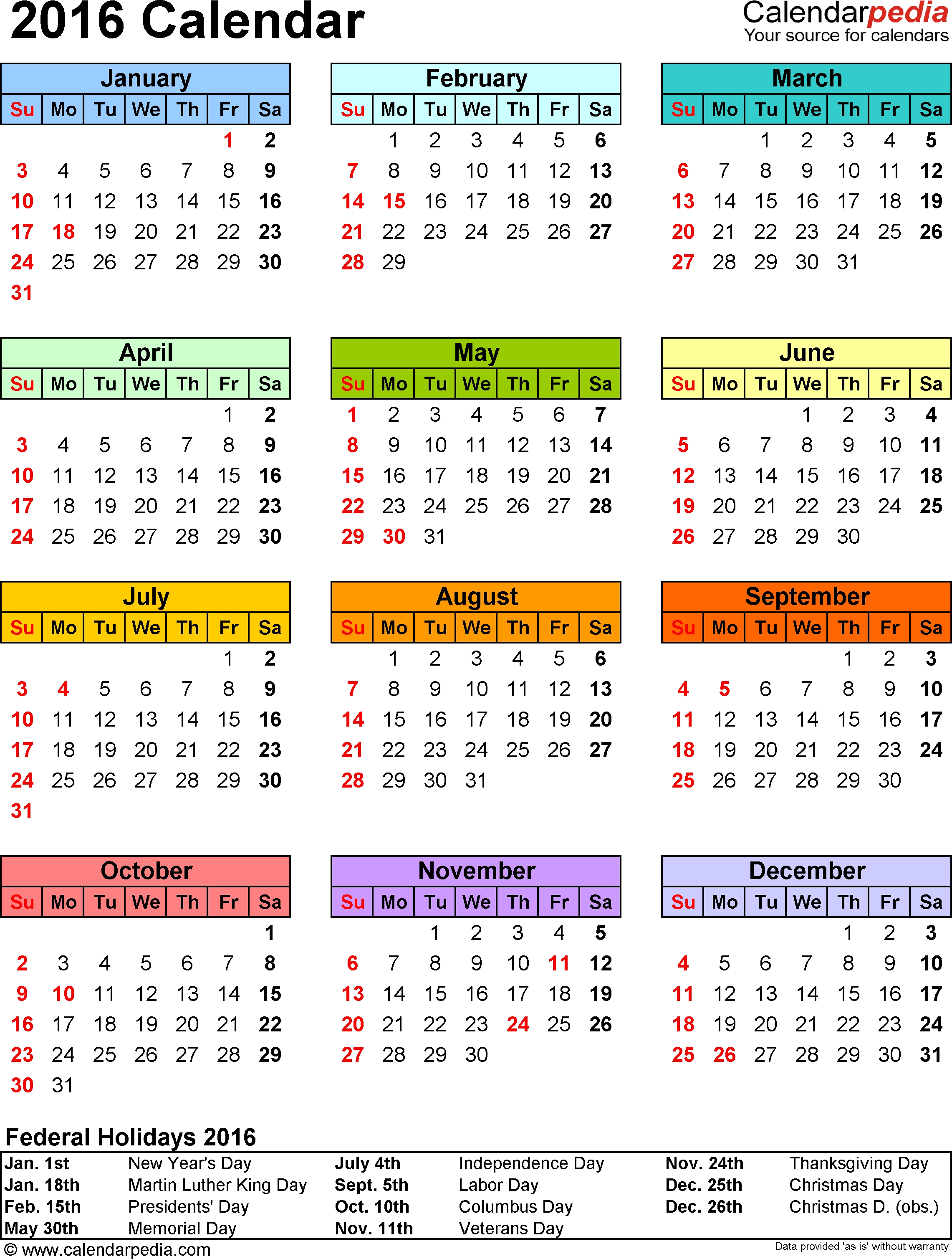 2016 Calendar - Download 16 Free Printable Excel Templates (.xlsx) Whole Year Calendar Holidays
