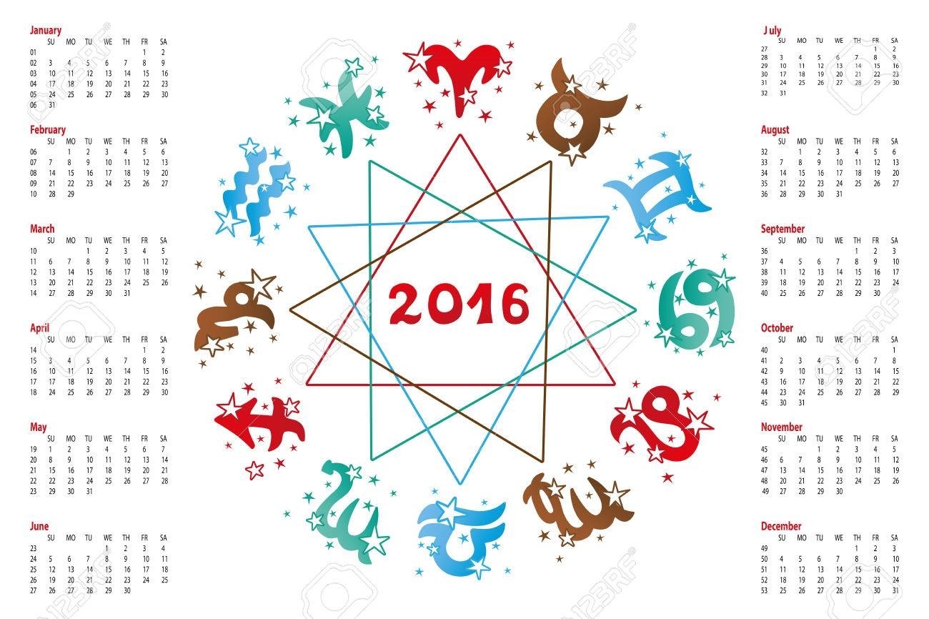 2016 New Year Calendar.horoscope Circle With Zodiac Sign.elements Calendar And Zodiac Sign