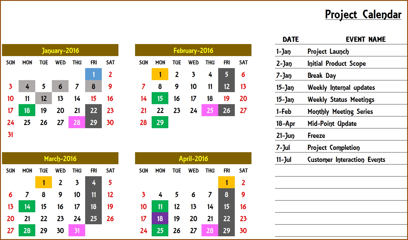 2016 Yearly Calendar - Event Calendar Maker Excel Template | Event Year Event Calendar Template