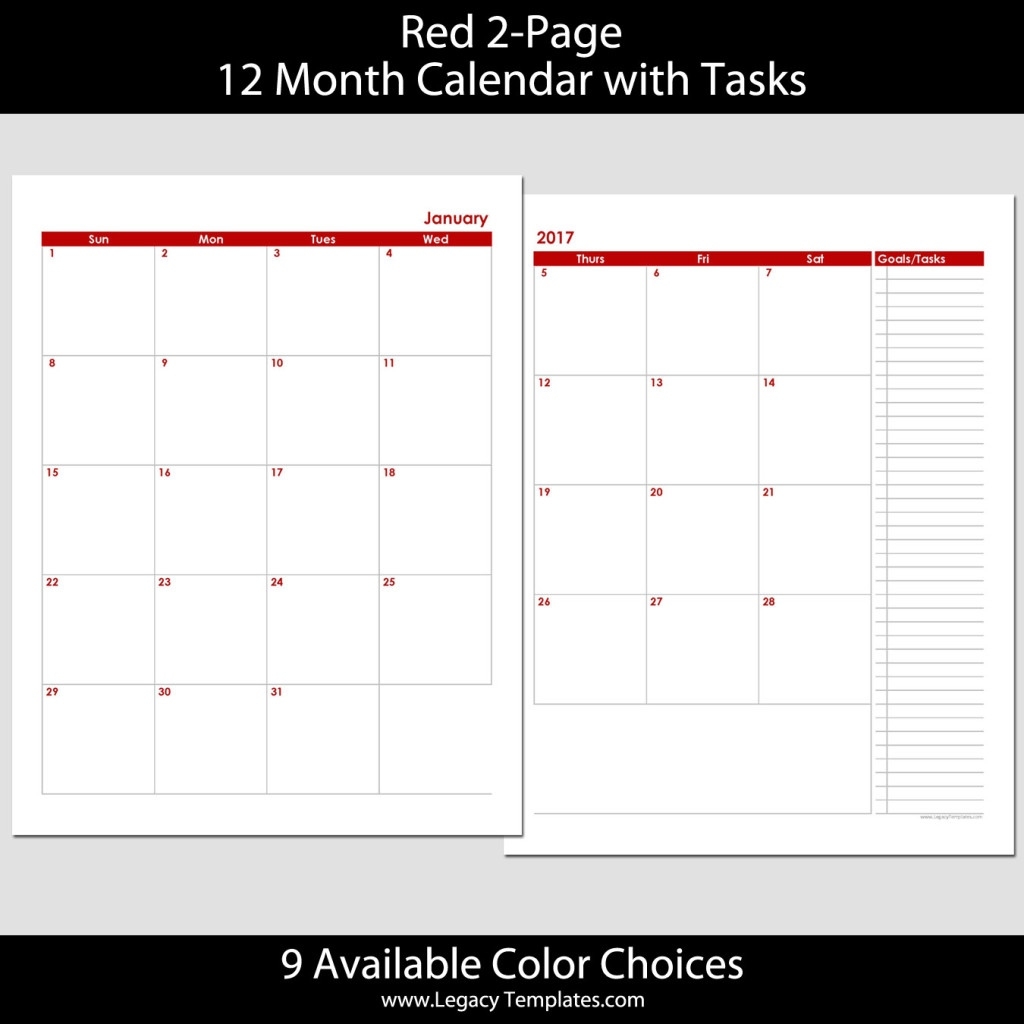 2017 12-Month 2-Page Calendar – 8 1/2″ X 11″ | Legacy Templates Calendar Template 1 Month 2 Pages