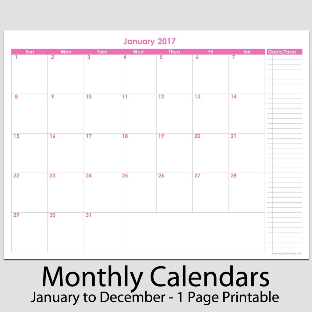 2017 - 12 Month Calendar With Tasks - 8 1/2&quot; X 11&quot; | Legacy Templates Monthly Goal Calendar Template
