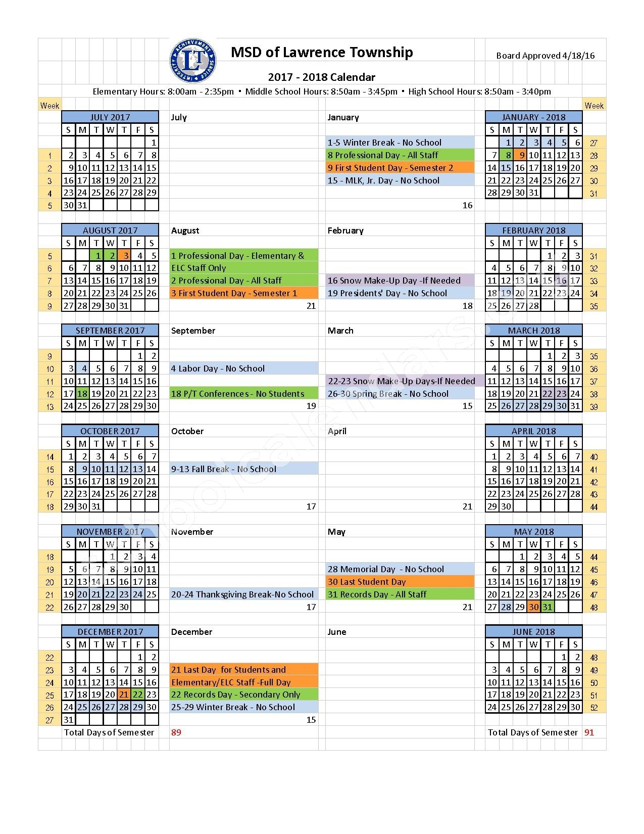 2017 - 2018 School Year Calendar | Metropolitan School District Of Dashing School Calendar Lawrence Township