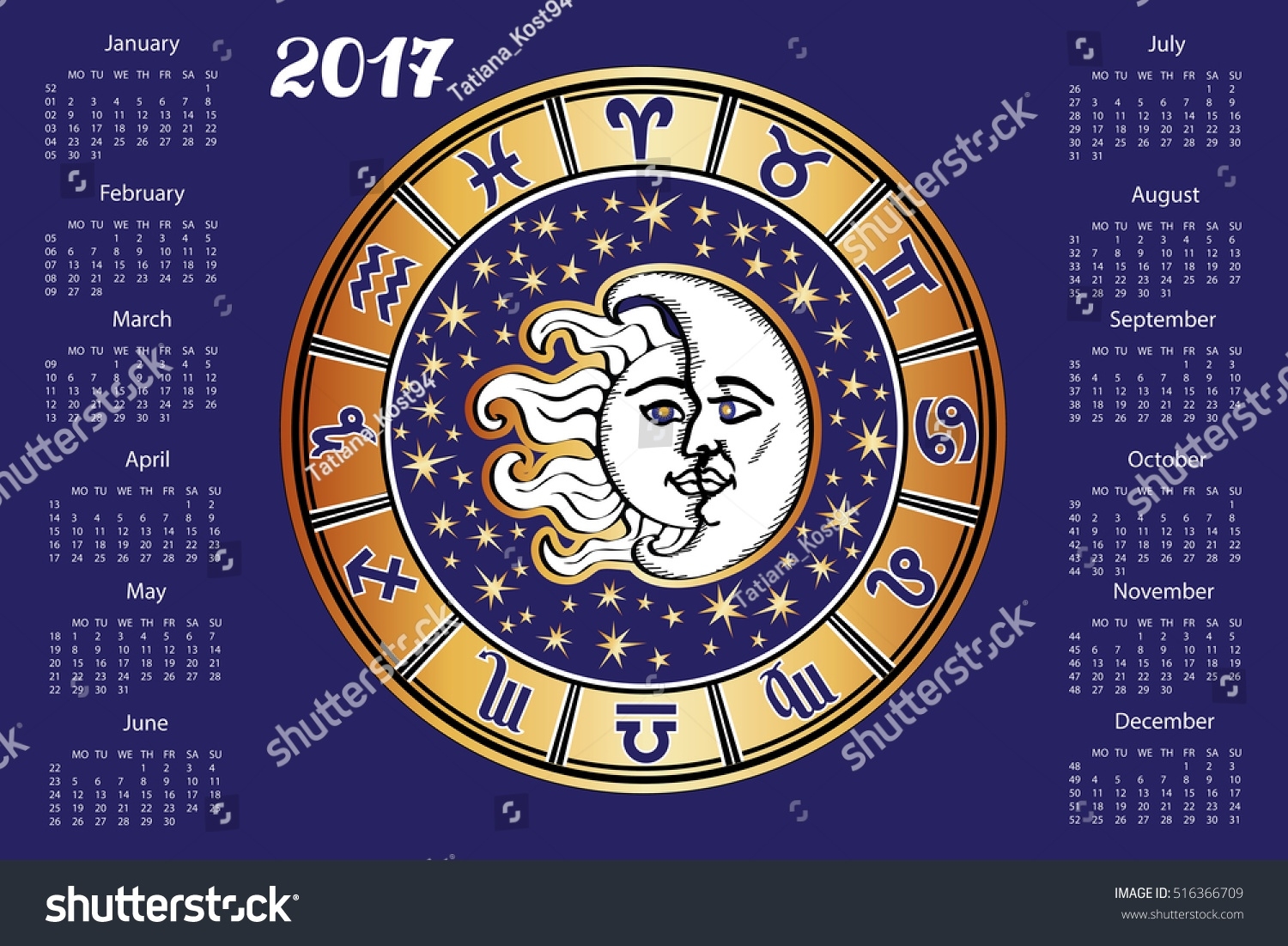 2017 New Year Calendar Horoscope Circle Stock Vector (Royalty Free Aztec Calendar Zodiac Signs