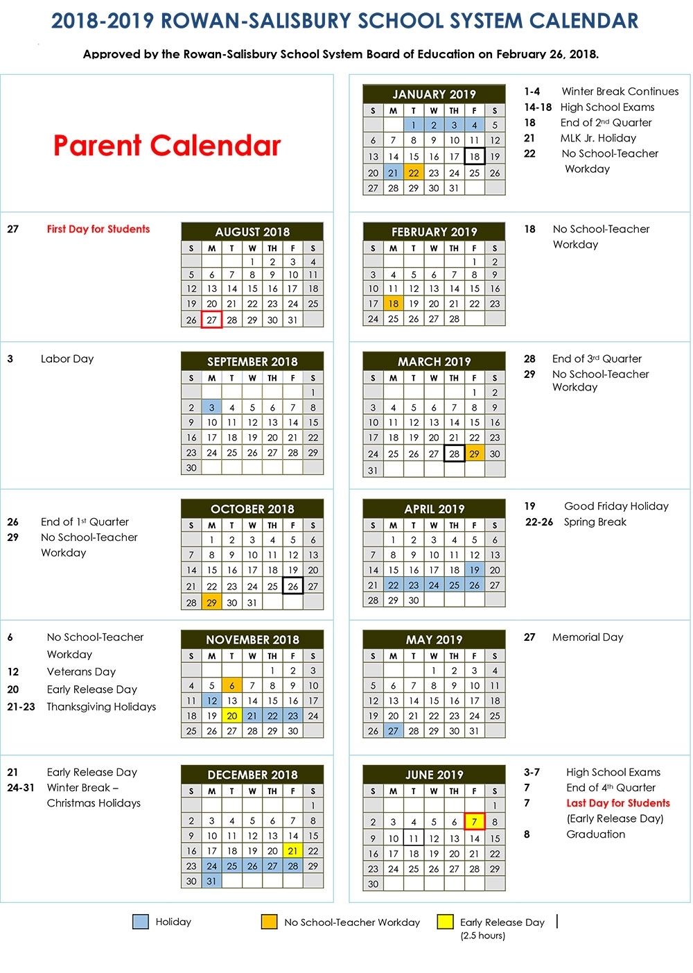 2018-2019 Calendars | District News District 7 School Calendar