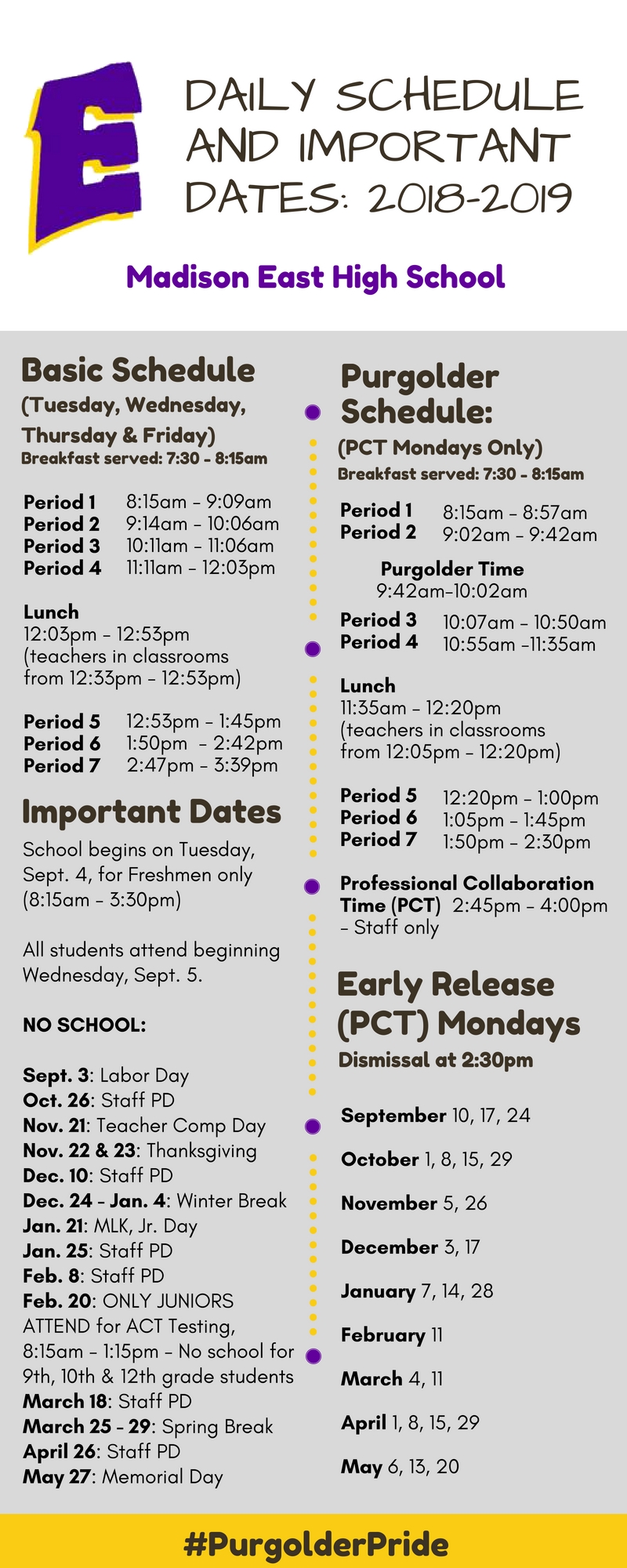 2018 - 2019 Daily Bell Schedule | East High School Perky School Calendar Madison Wi