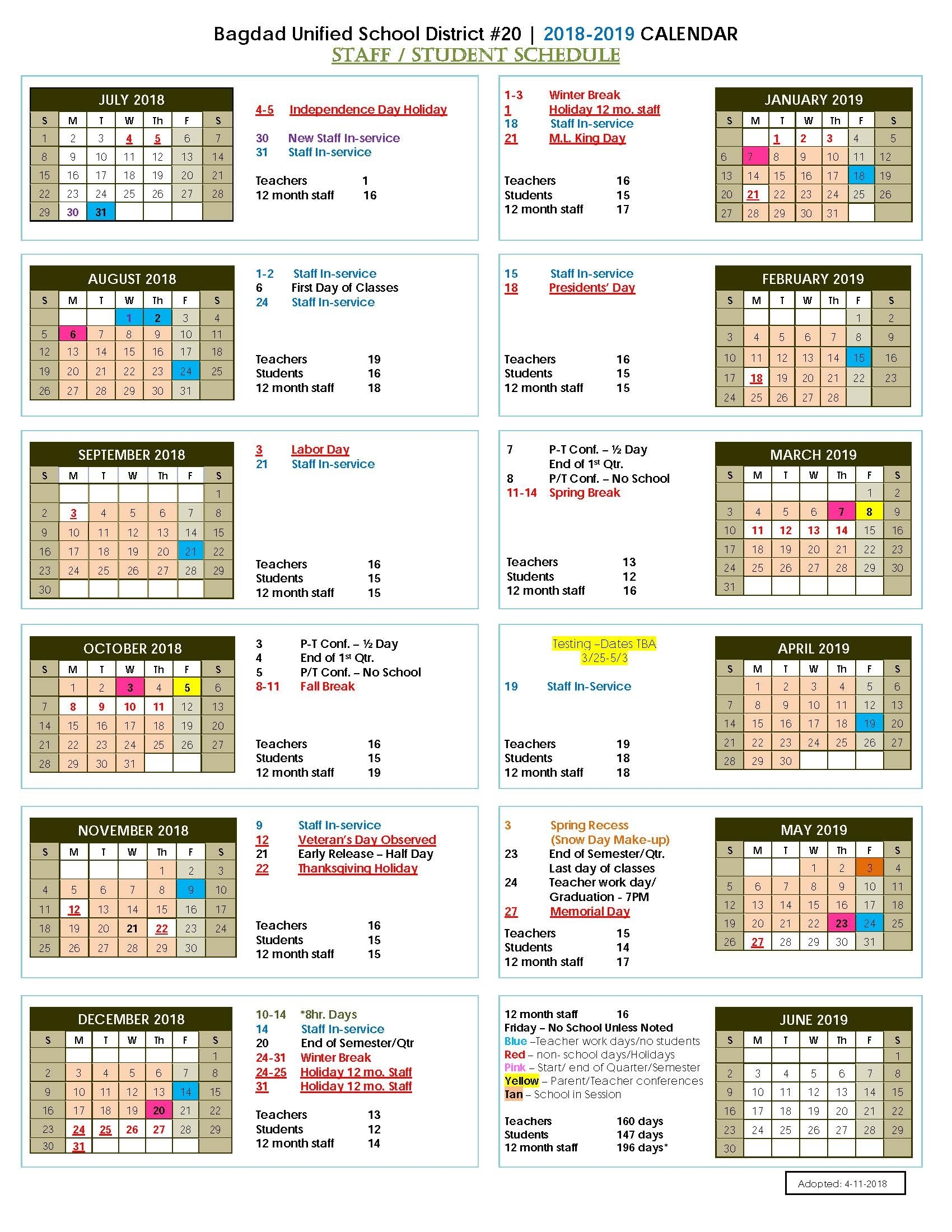 2018 – 2019 District Calendar | Bagdad Unified School District Incredible Number 4 School Calendar