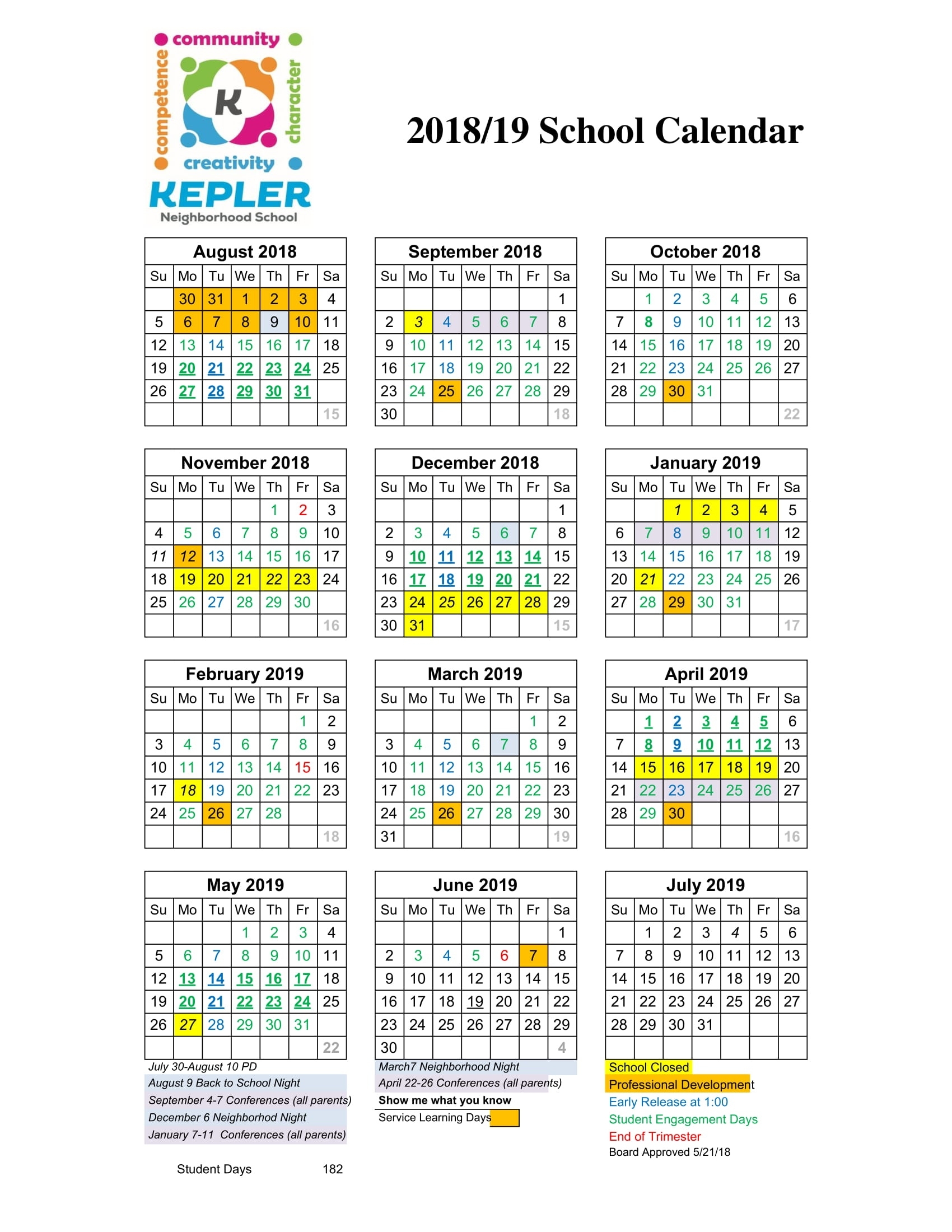 2018 - 2019 Kepler School Calendar - Kepler Neighborhood School Number 4 School Calendar