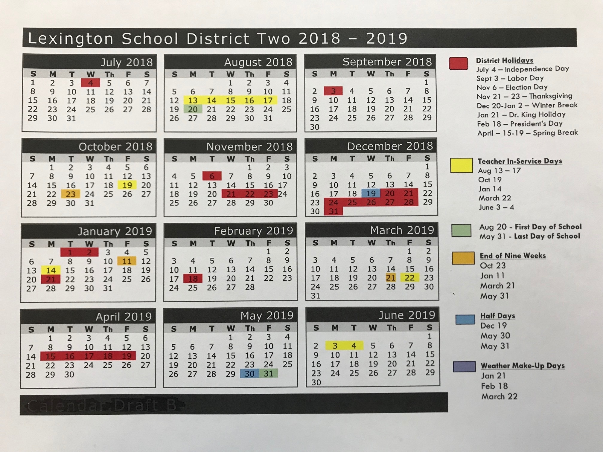 2018-2019 School Calendar – Parents – Airport High School School Calendar Richland District Two