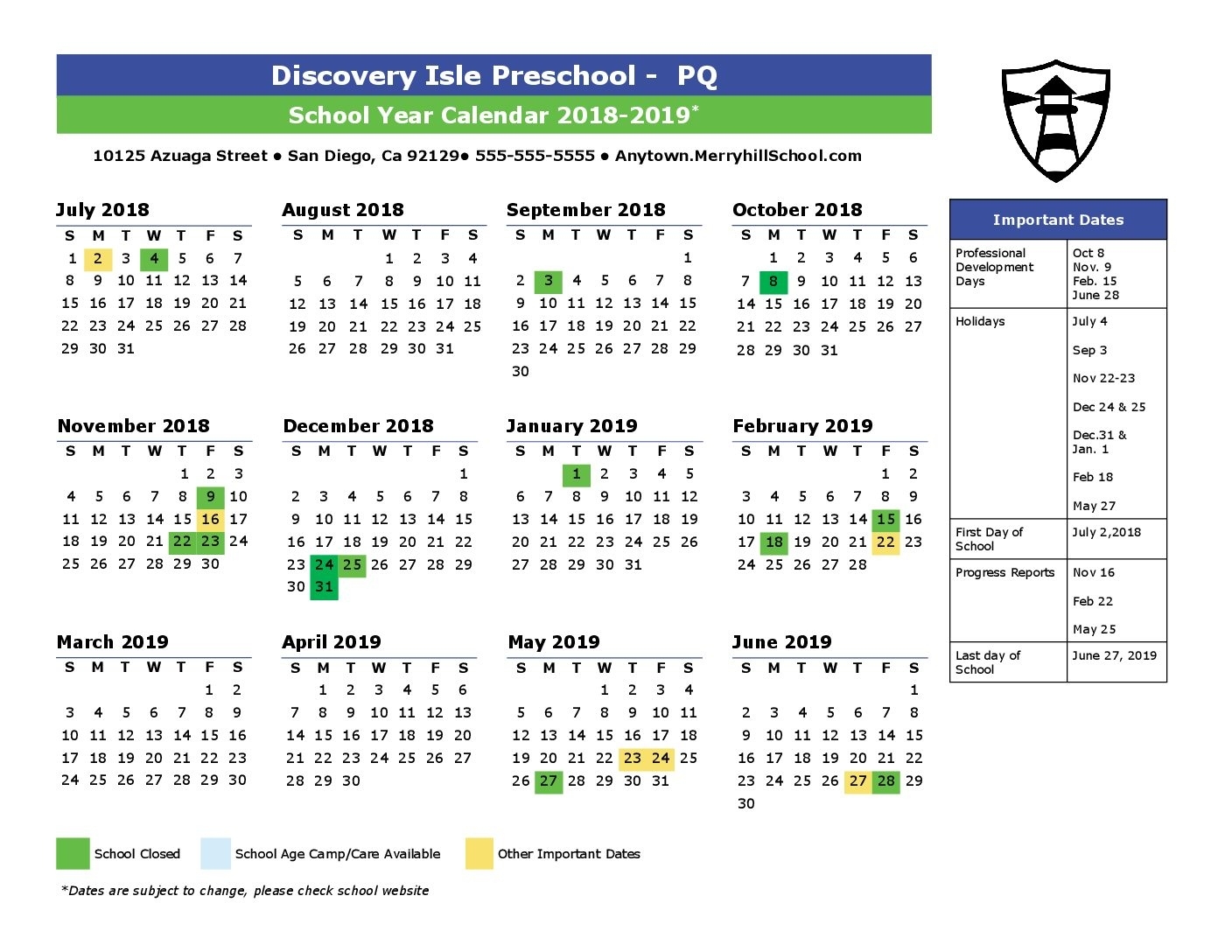 2018-2019 School Year Calendar - Discovery Isle School Calendar In San Diego
