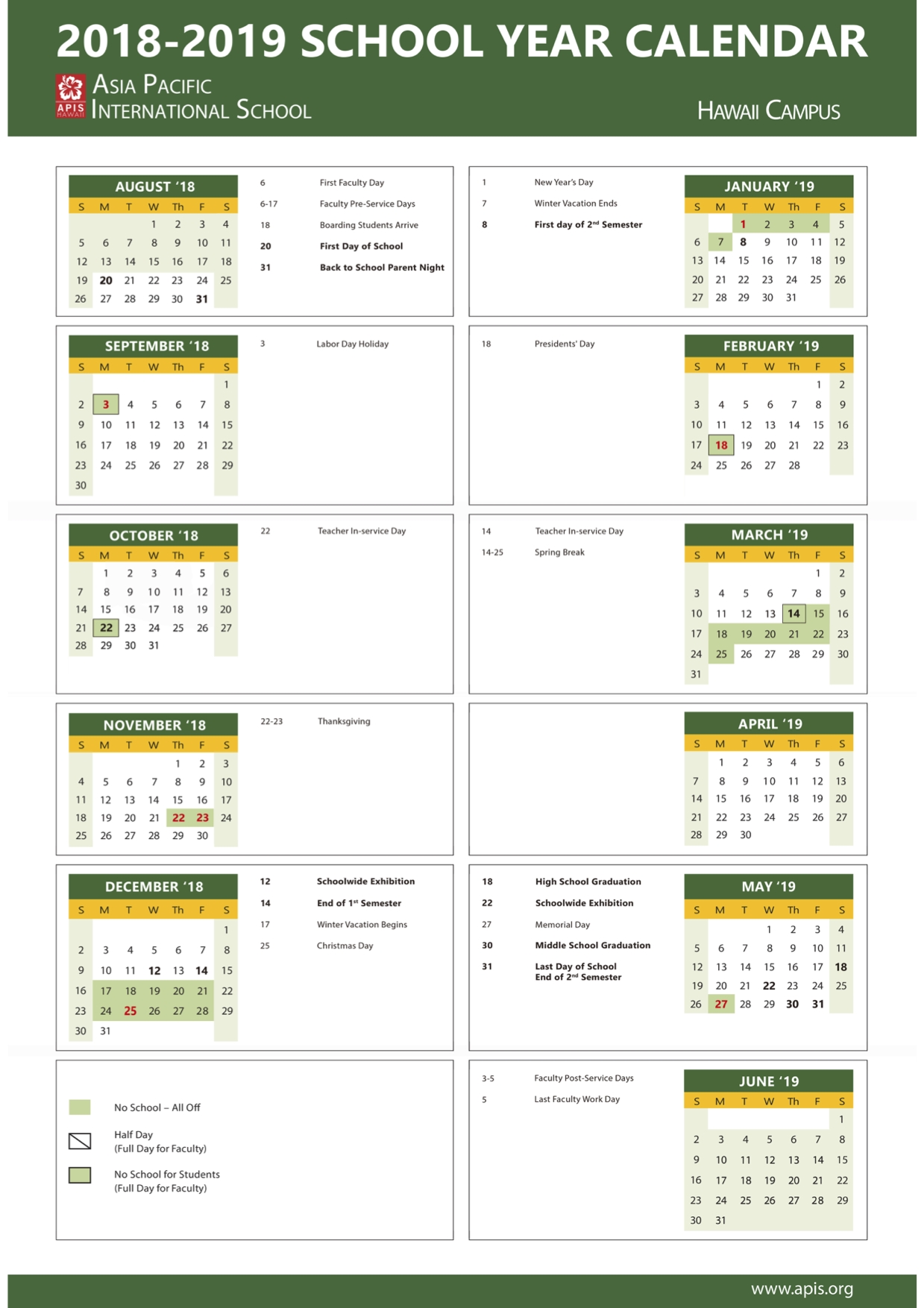 2018-2019 School Year Calendar Hawaii - Apis School Year Calendar Hawaii