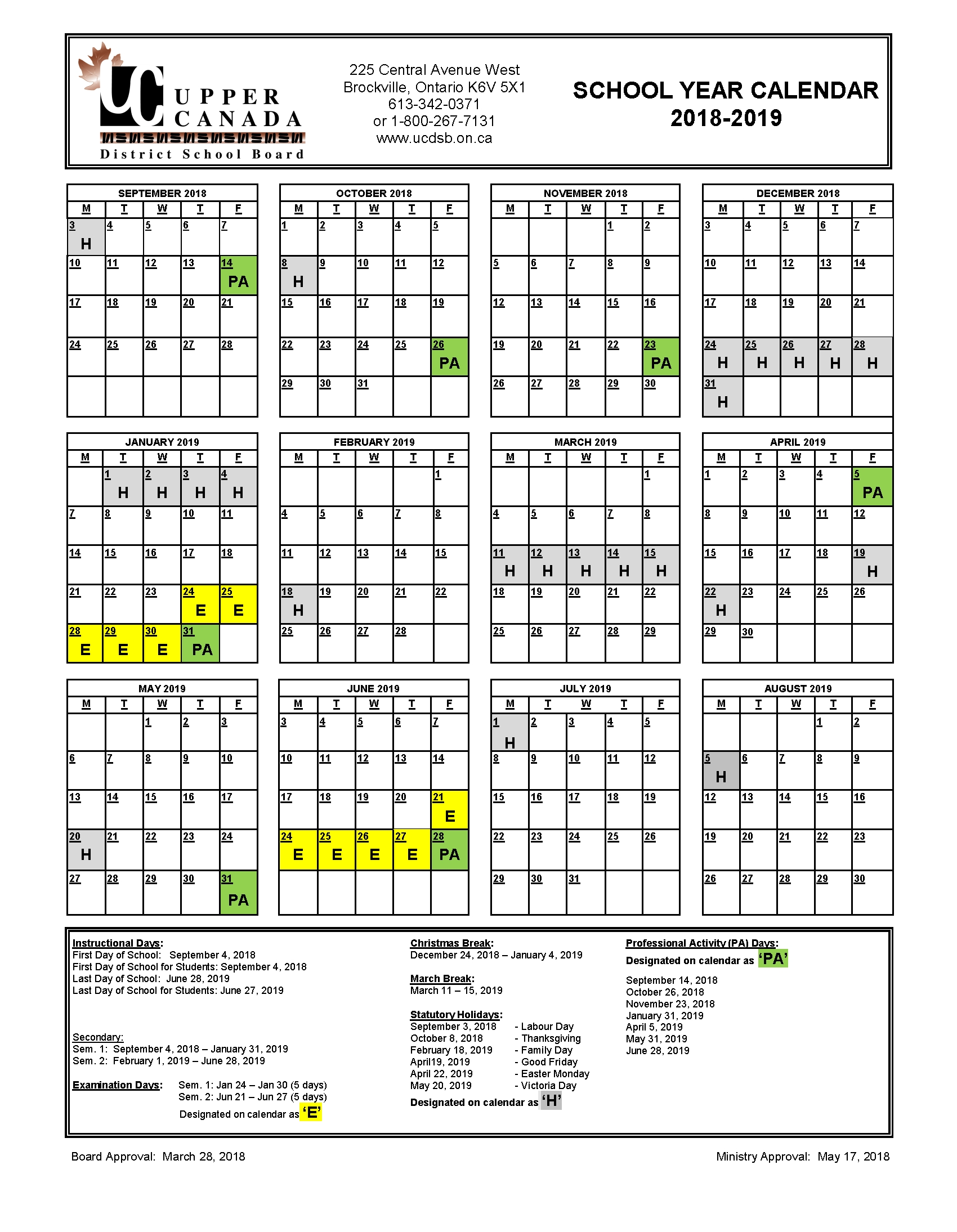2018-2019 School Year Calendar - Upper Canada District School Board Extraordinary Ps 7 School Calendar