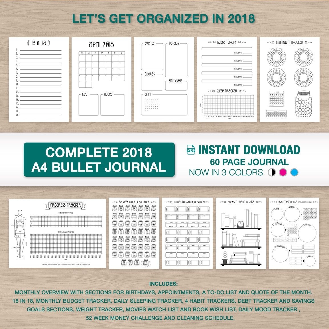 2018 Bullet Journal A4 Printable 12 Month Starter Kit Calendar 12 Month Calendar Kit