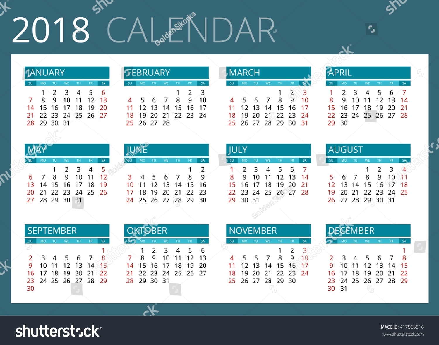 2018 Calendar Print Template Week Starts Stock Vector (Royalty Free 5 Week Calendar Months