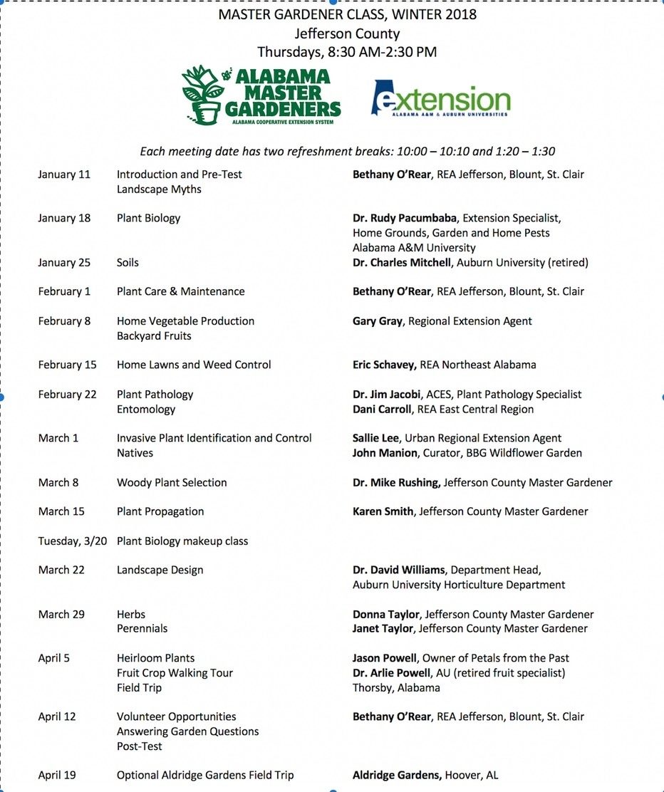 2018 Master Gardener Class Schedule | Jefferson County Master Gardeners Incredible School Calendar Jefferson County Alabama