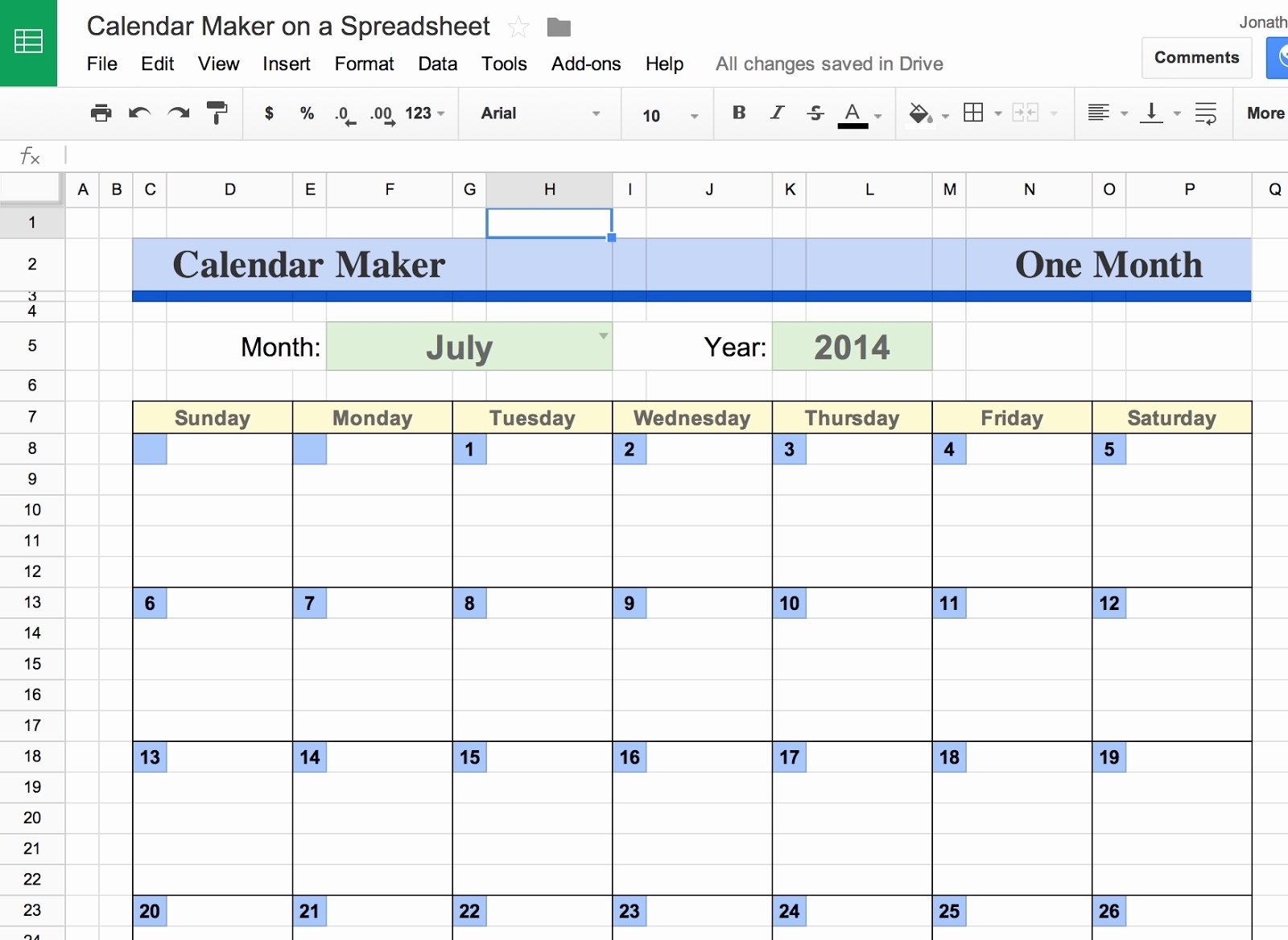 2018 Monthly Calendar Google Sheets Google Sheets Calendar Template A Monthly Calendar In Google Sheets