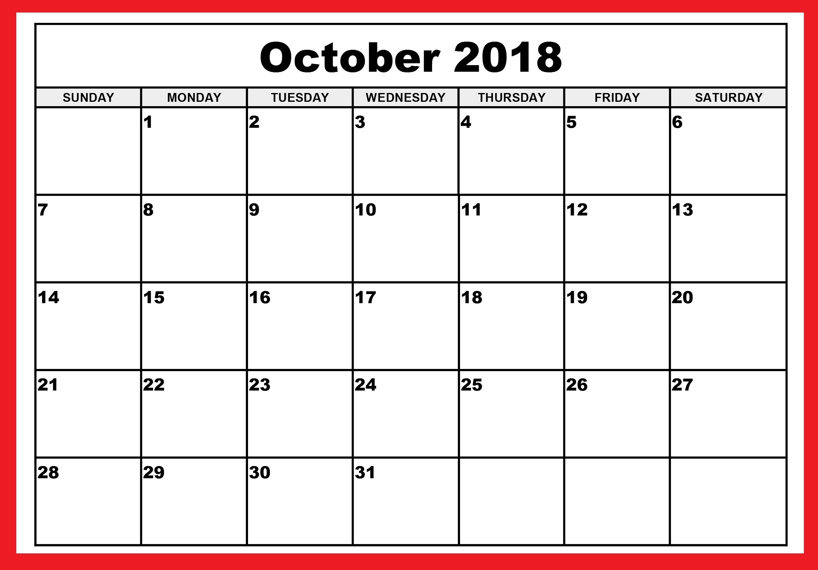 2018 October Calendar Printable | Calendar For October 2018 Monthly Calendar For October