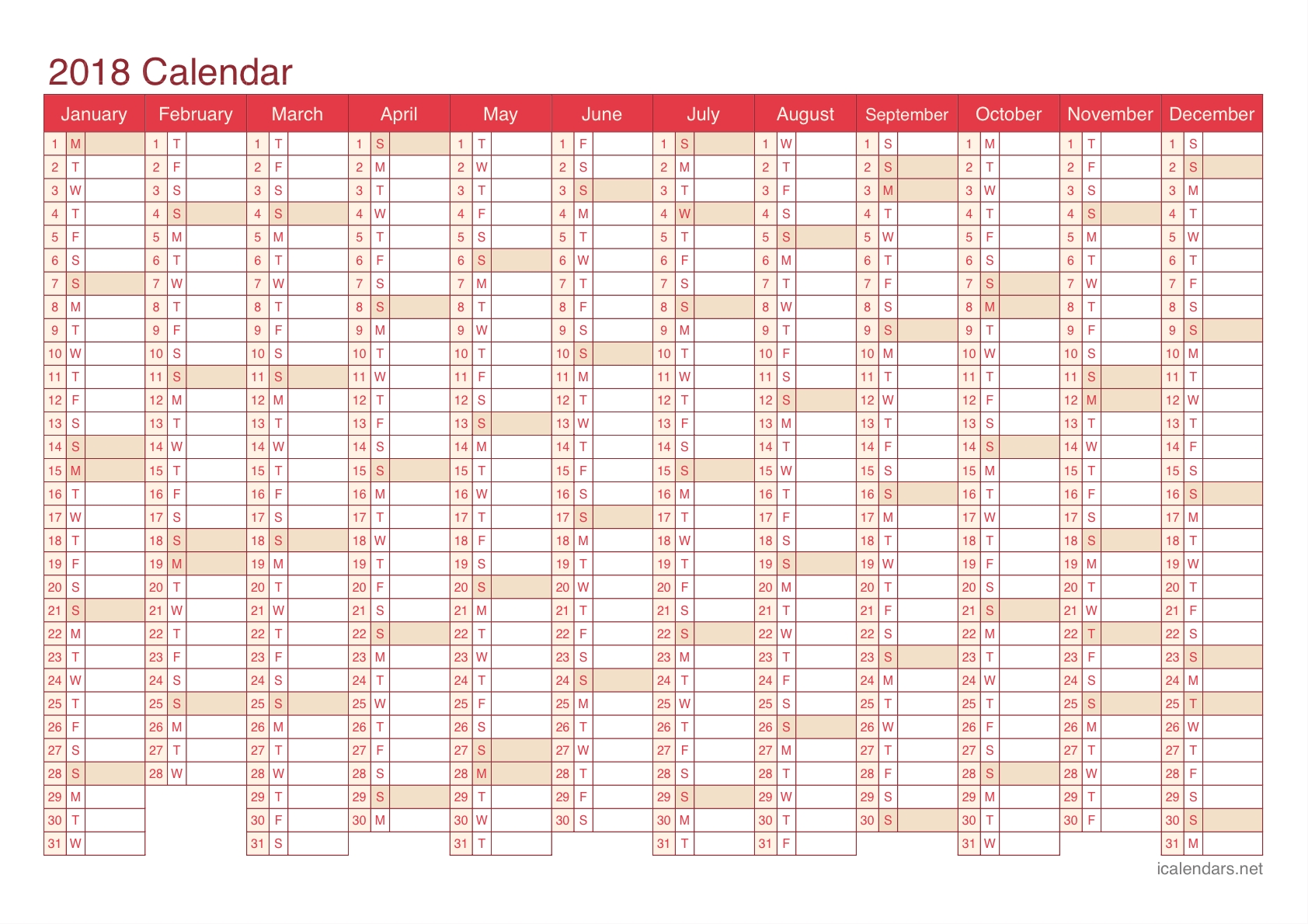 2018 Printable Calendar - Pdf Or Excel - Icalendars Exceptional Blank Calendar No Days Of The Week