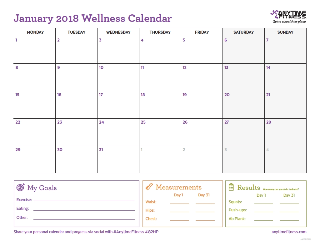 2018 Wellness Calendar For Active Planning &amp; Progress C Program To Print Calendar Of A Month