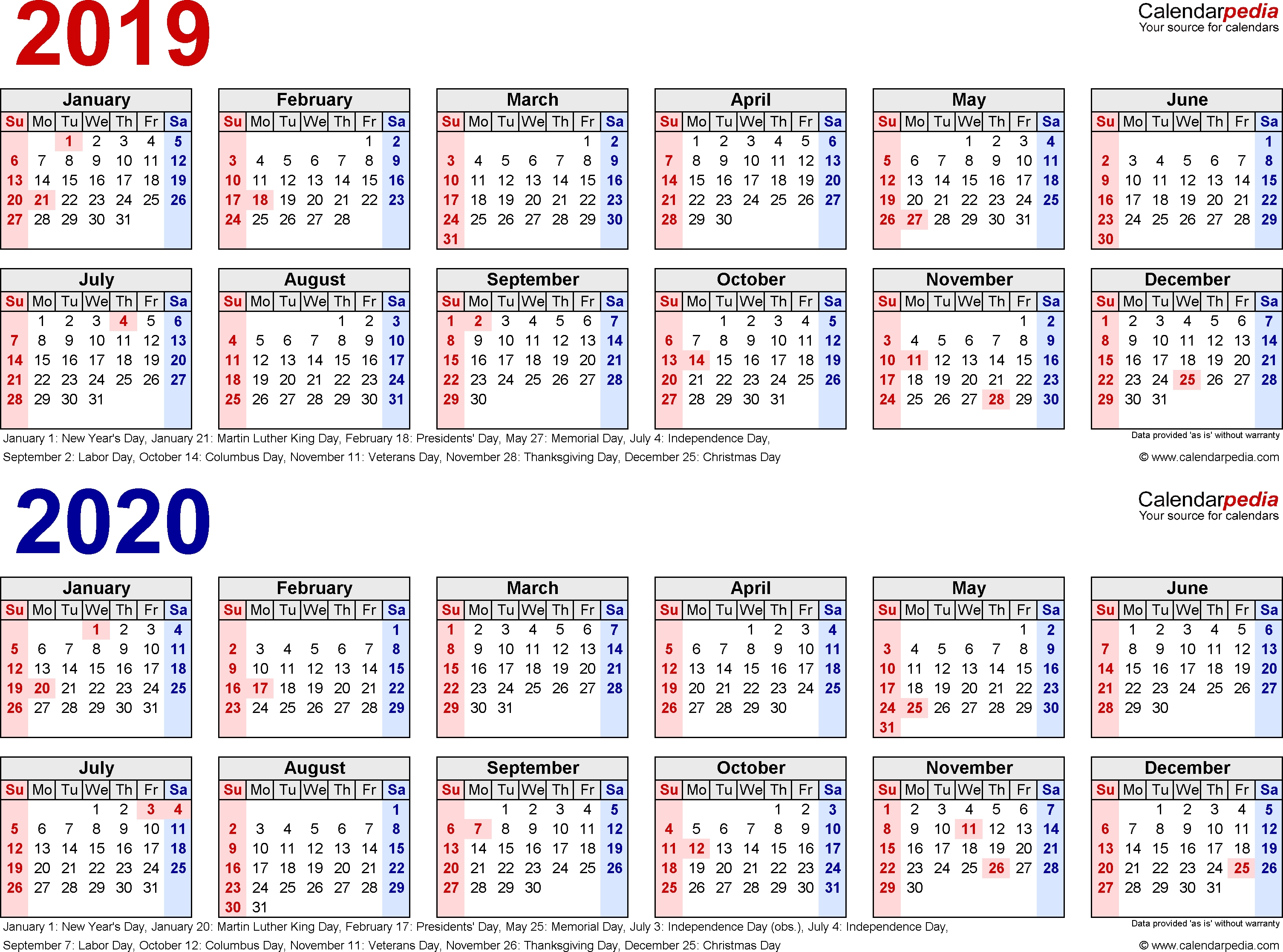 2019-2020 Calendar - Free Printable Two-Year Pdf Calendars 2020 Monthly Calendar With Holidays