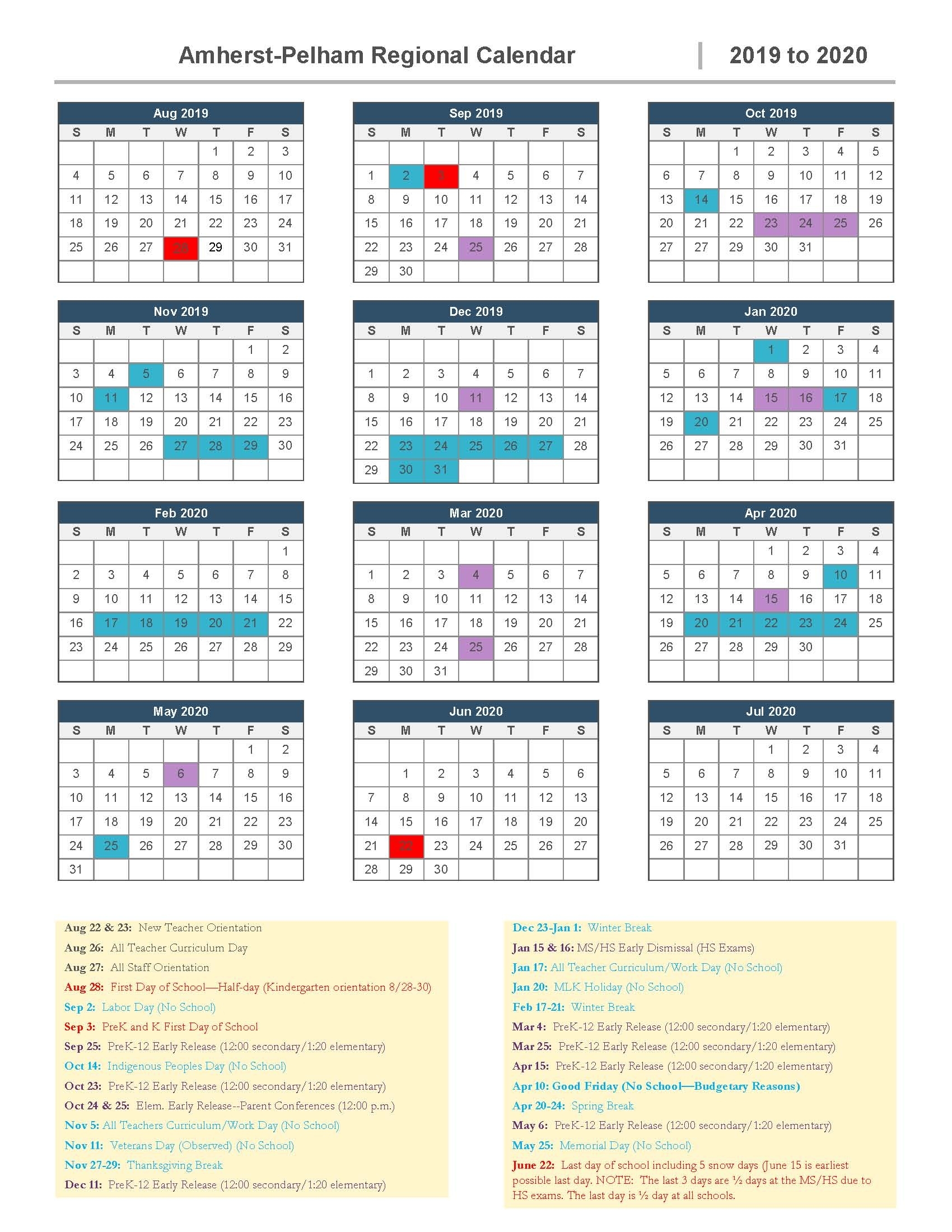 2019-2020 School Calendar Approved | Amherst-Pelham Regional Public H-F High School Calendar