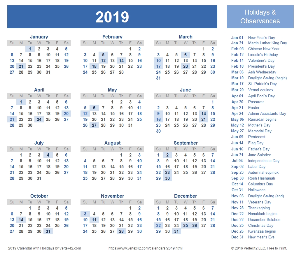2019 Calendar Templates And Images Monthly Calendar With Holidays
