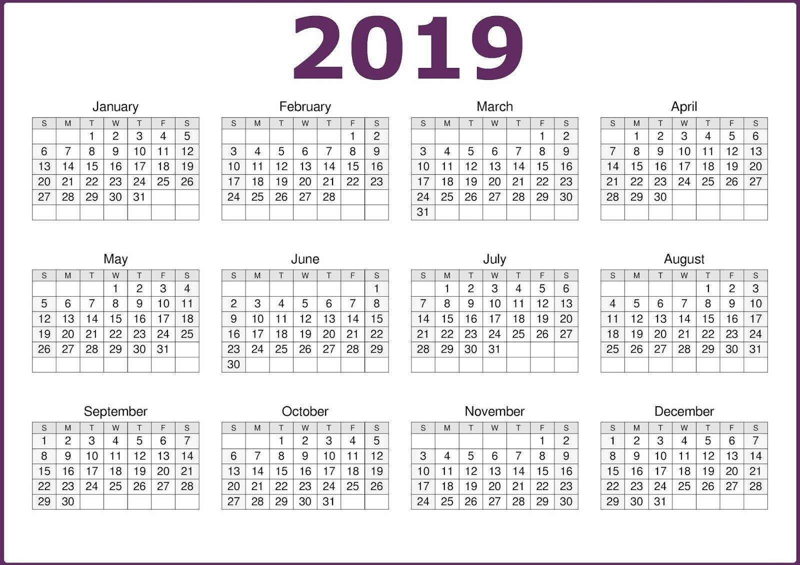 2019 One Page 12 Months Calendar | 2019 Calendars | Calendar, 2019 5-Month Calendar On One Page