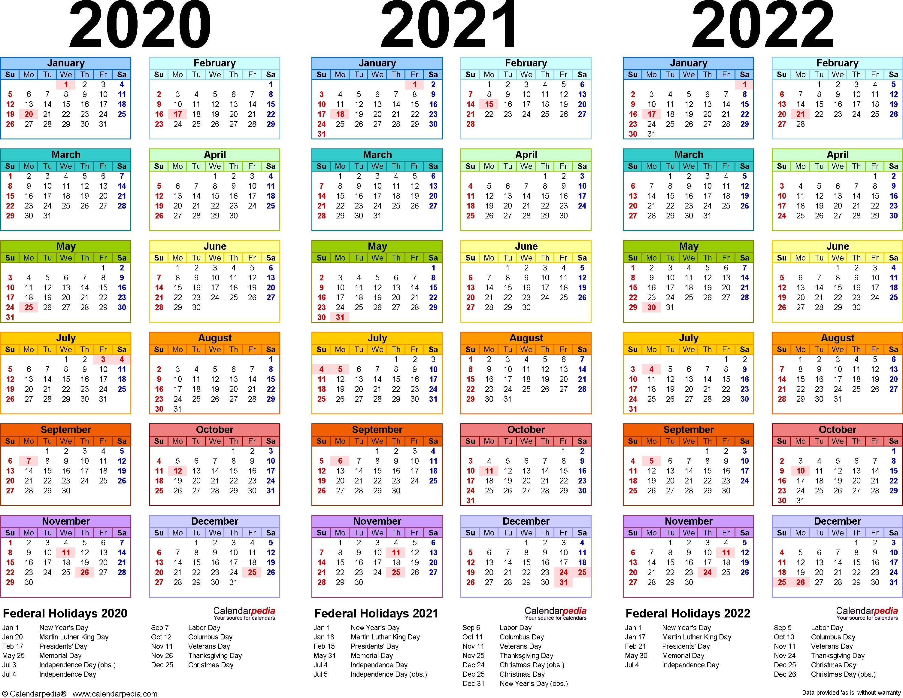 2020/2021/2022 Calendar - 4 Three-Year Printable Pdf Calendars Perky Year Calendar For 2020