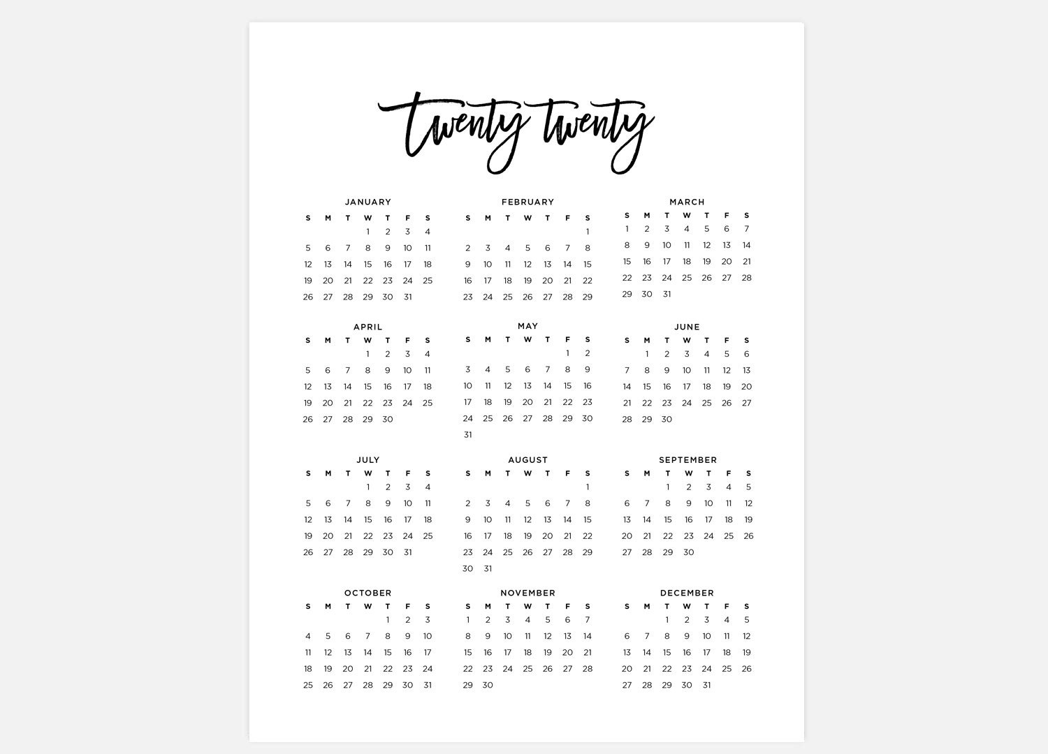 2020 Calendar Simple Calendar 2020 Year Calendar 2020 | Etsy Incredible 2020 Calendar Saudi Arabia