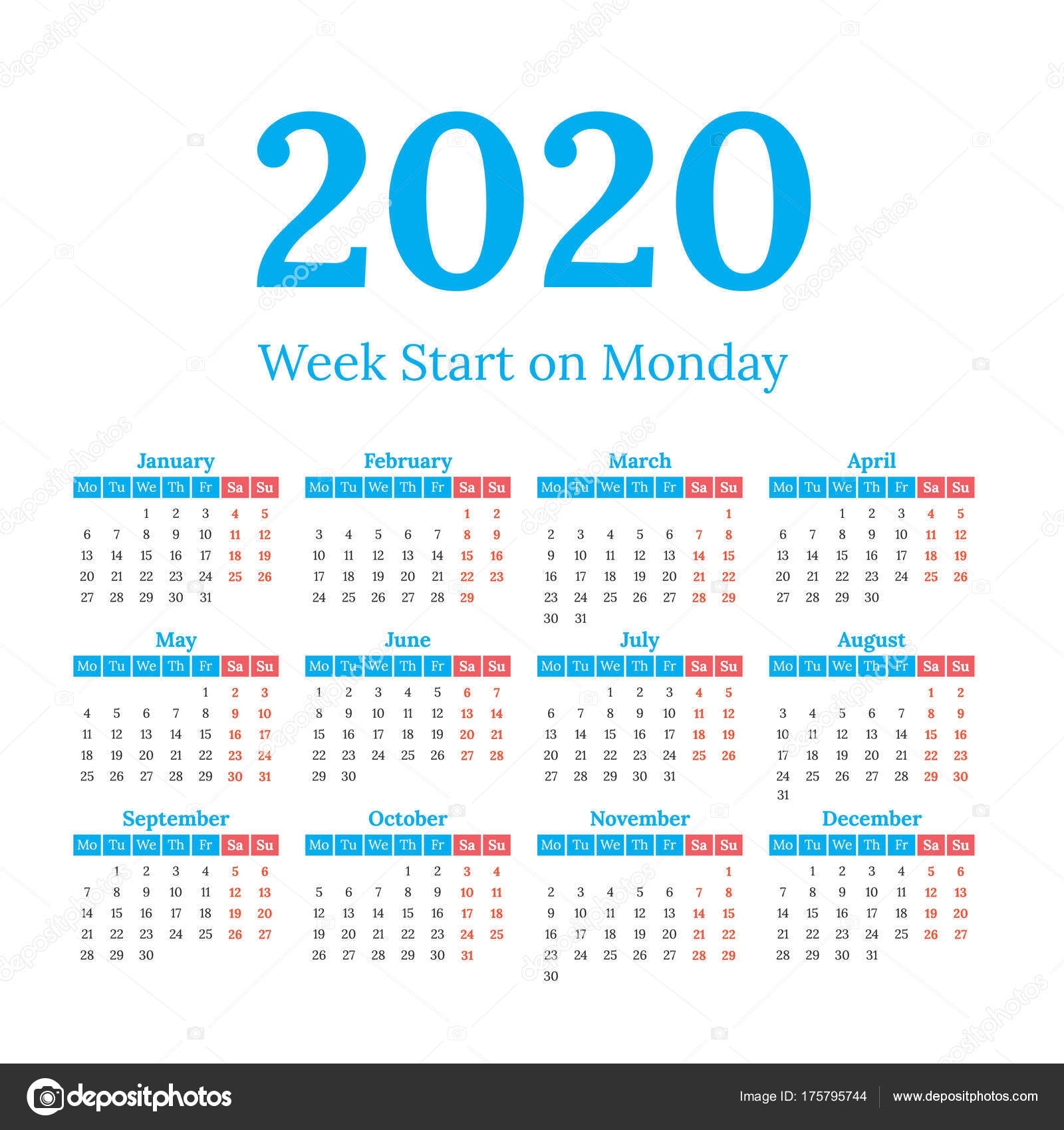 2020 Calendar Start On Monday — Stock Vector © 123Sasha #175795744 Dashing 2020 Calendar Monday Start