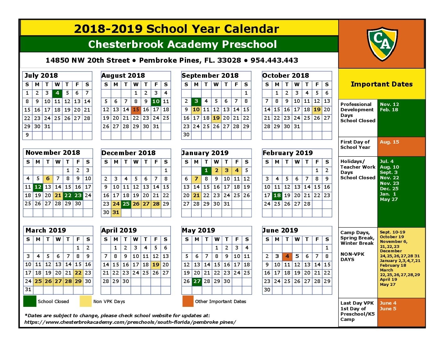 239 2018-2019 School Year Calendar - Chesterbrook Academy Remarkable Calendar School 2019 Florida