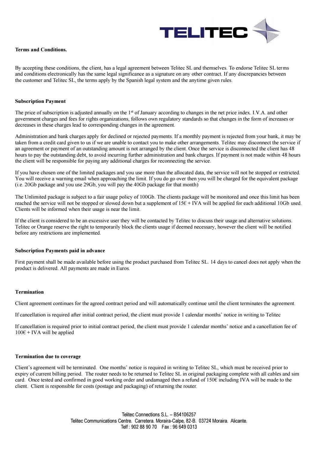 3G/4G Terms &amp; Conditions By Telitec Sl - Issuu 1 Calendar Month Notice Period