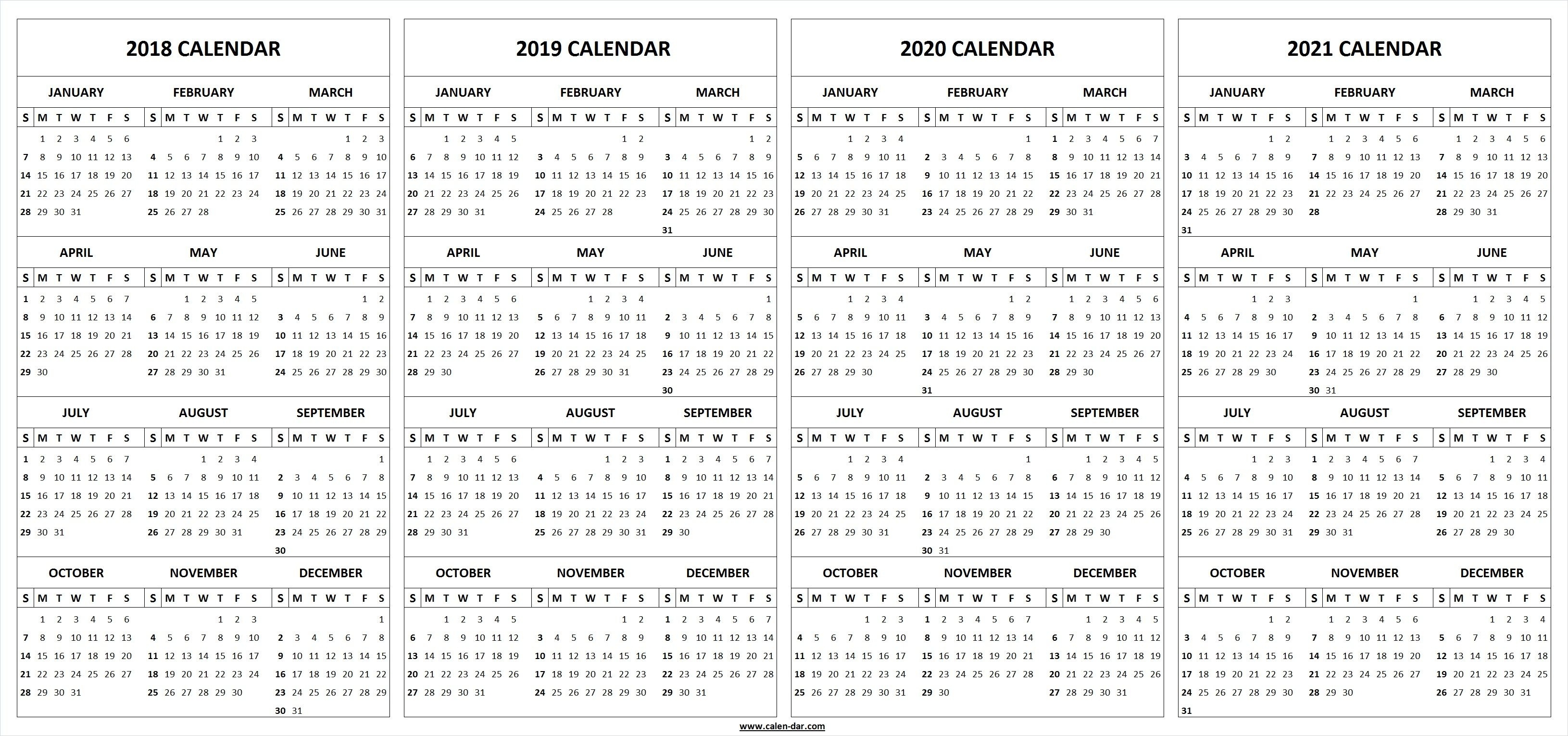 4 Four Year 2018 2019 2020 2021 Calendar Printable Template 2019 Calendar 2020 Printable