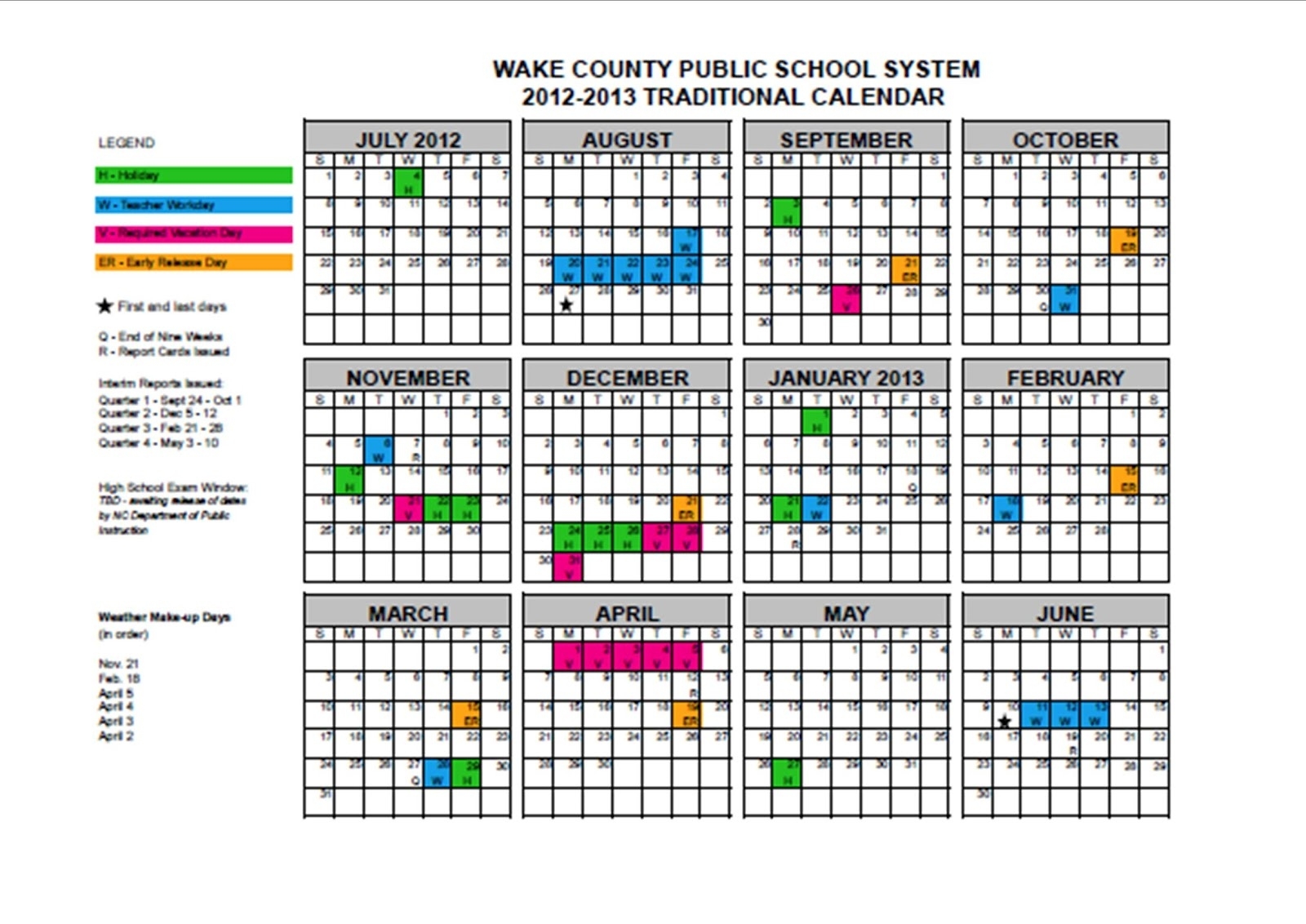 5Th Grade At A Glance: Wake County Traditional School Calendar Perky School Calendar Wake County