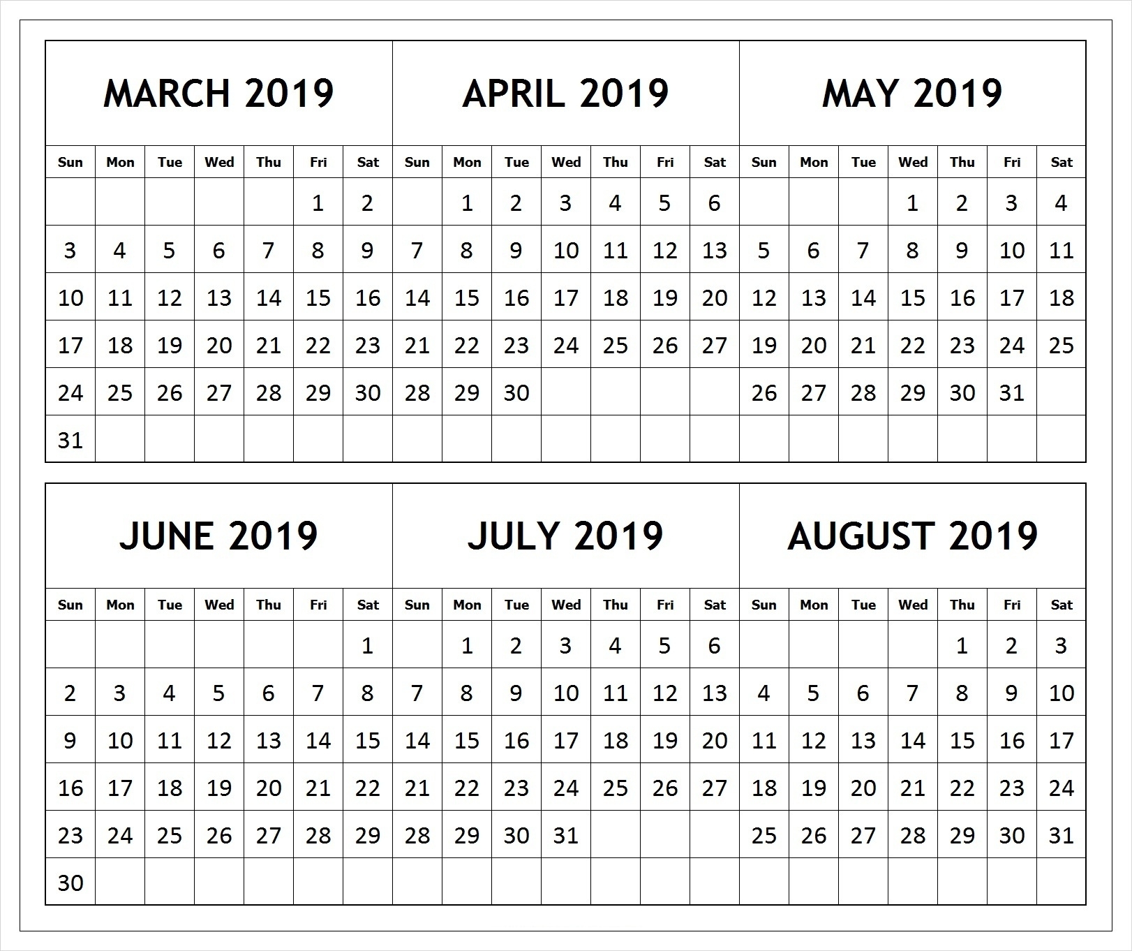 6 Months Printable Calendar March To August 2019 | Template 6 Month Printable Calendar