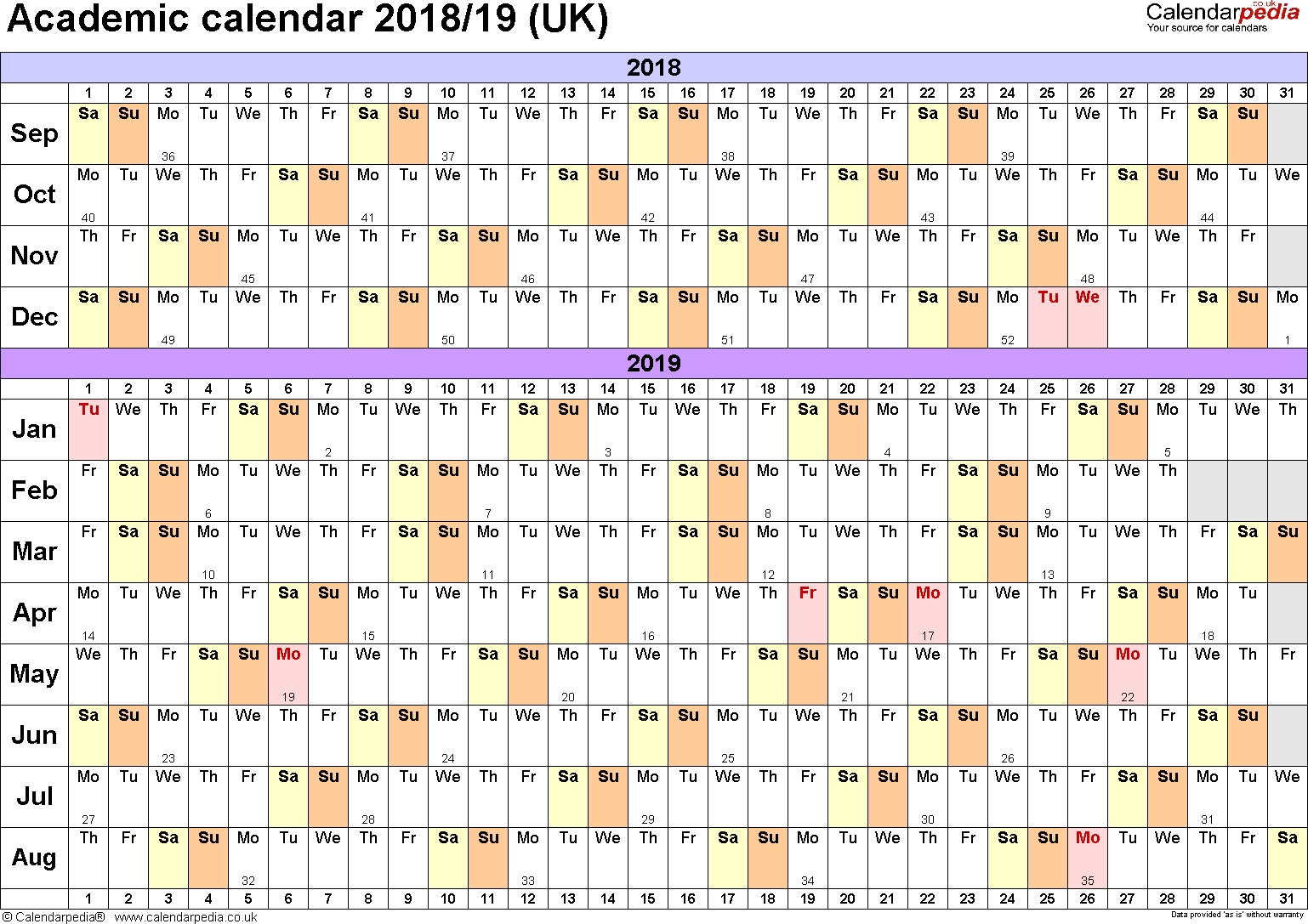 Academic Calendars 2018/2019 As Free Printable Word Templates 12 Month Calendar Uk