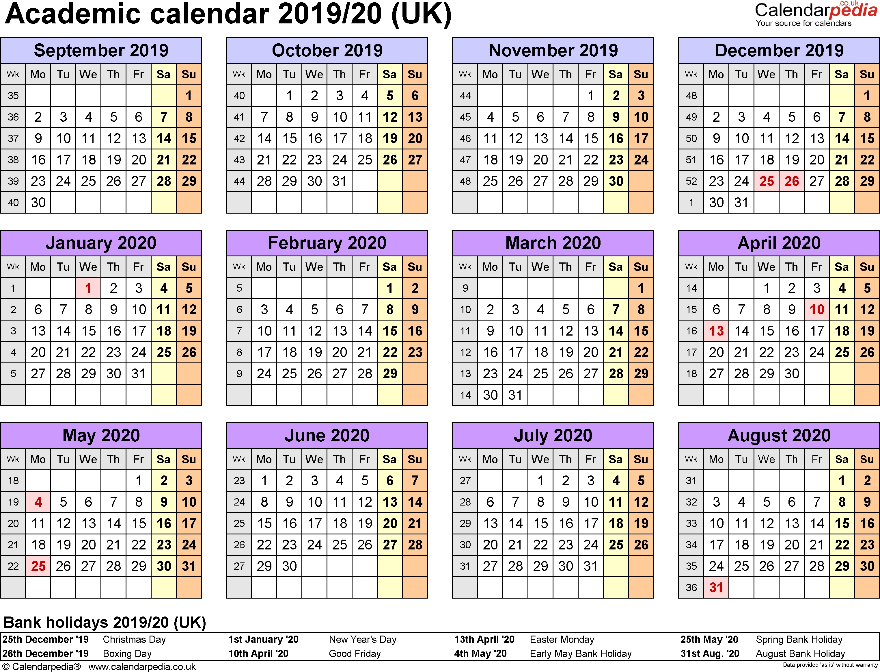 Academic Calendars 2019/2020 As Free Printable Excel Templates August 2020 Calendar Uk