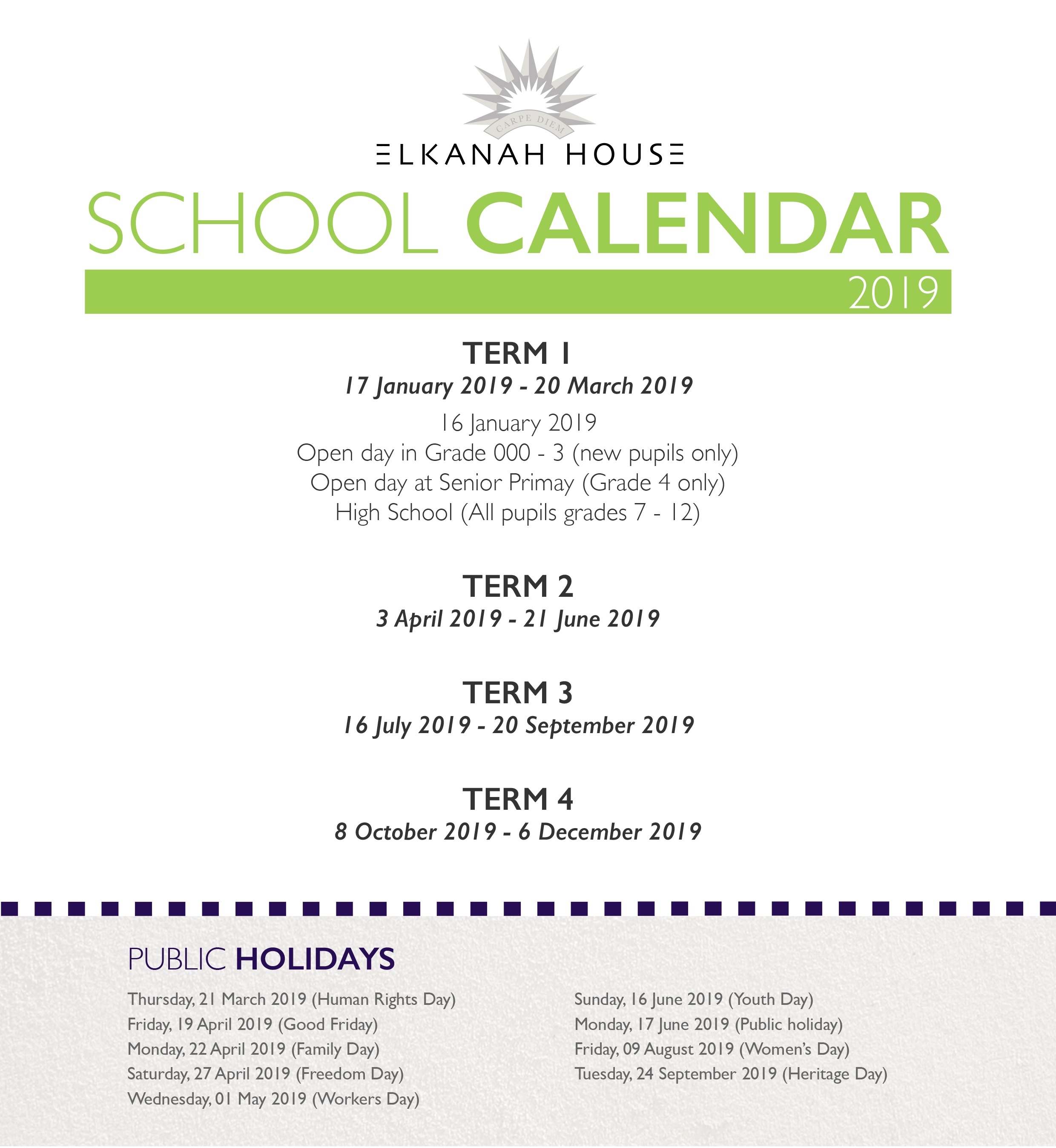 Admissions | Private School | Elkanah House 2020 School Calendar Gauteng
