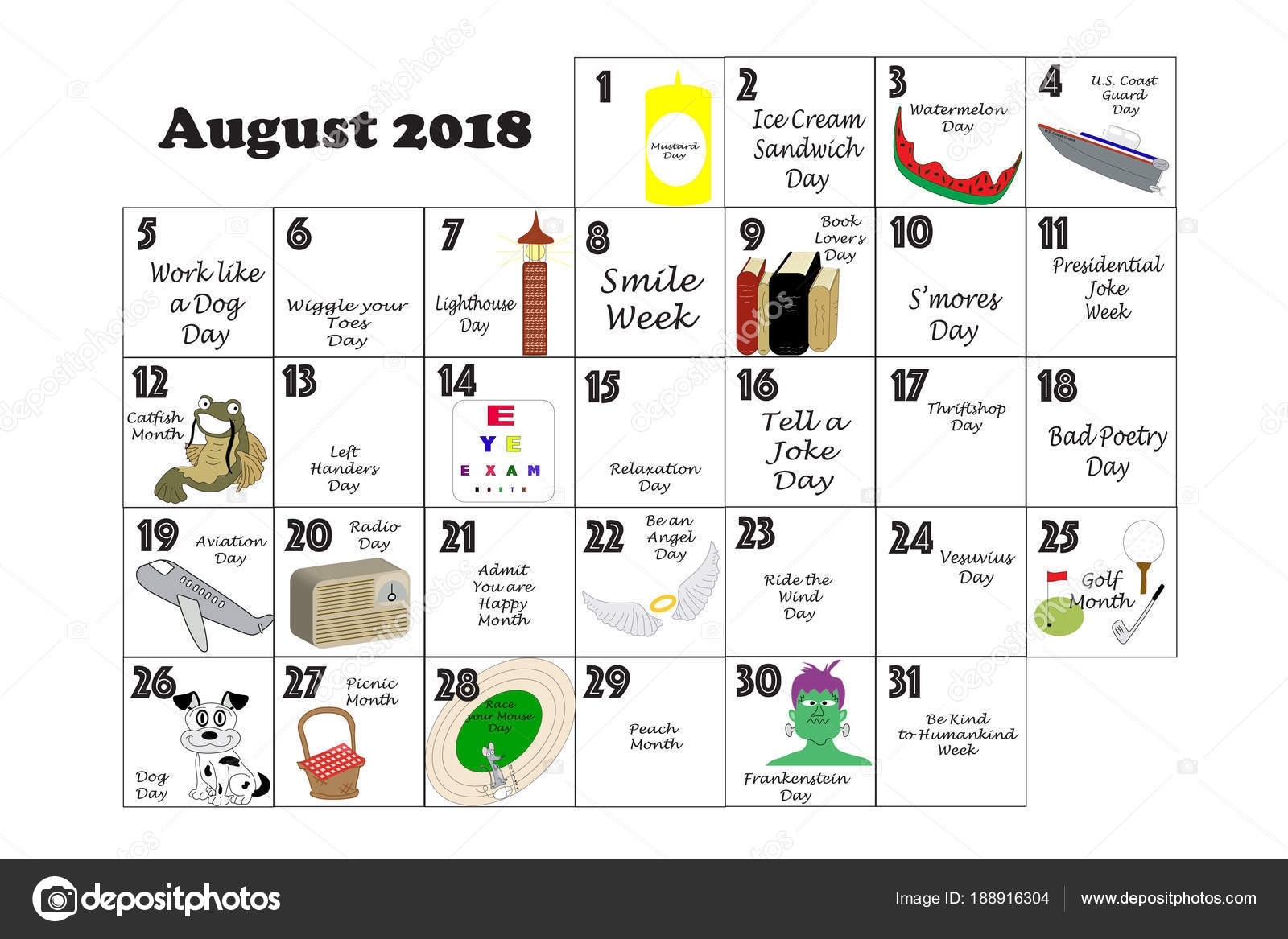 August 2018 Quirky Holidays And Unusual Events — Stock Photo Calendar Of Quirky Holidays