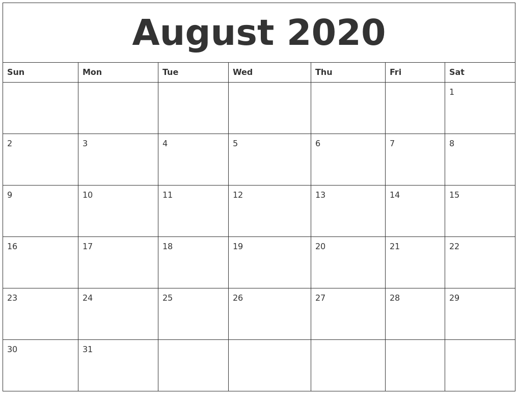 August 2020 Large Printable Calendar Printable Calendar August 2020