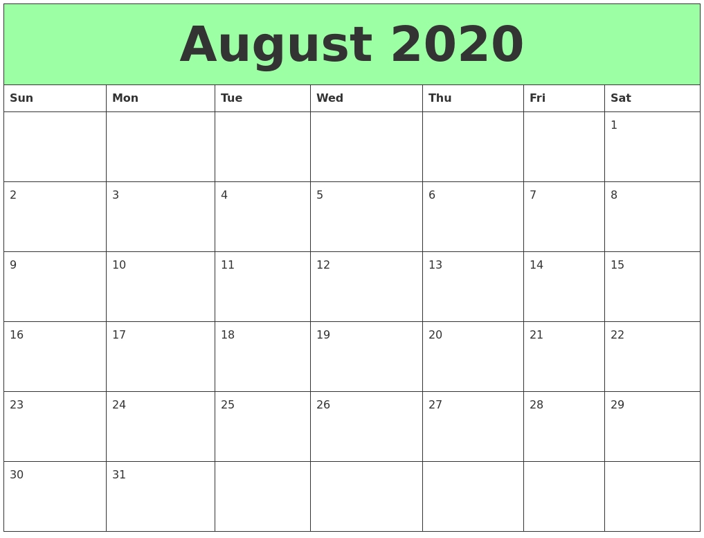 August 2020 Printable Calendars Printable Calendar August 2020