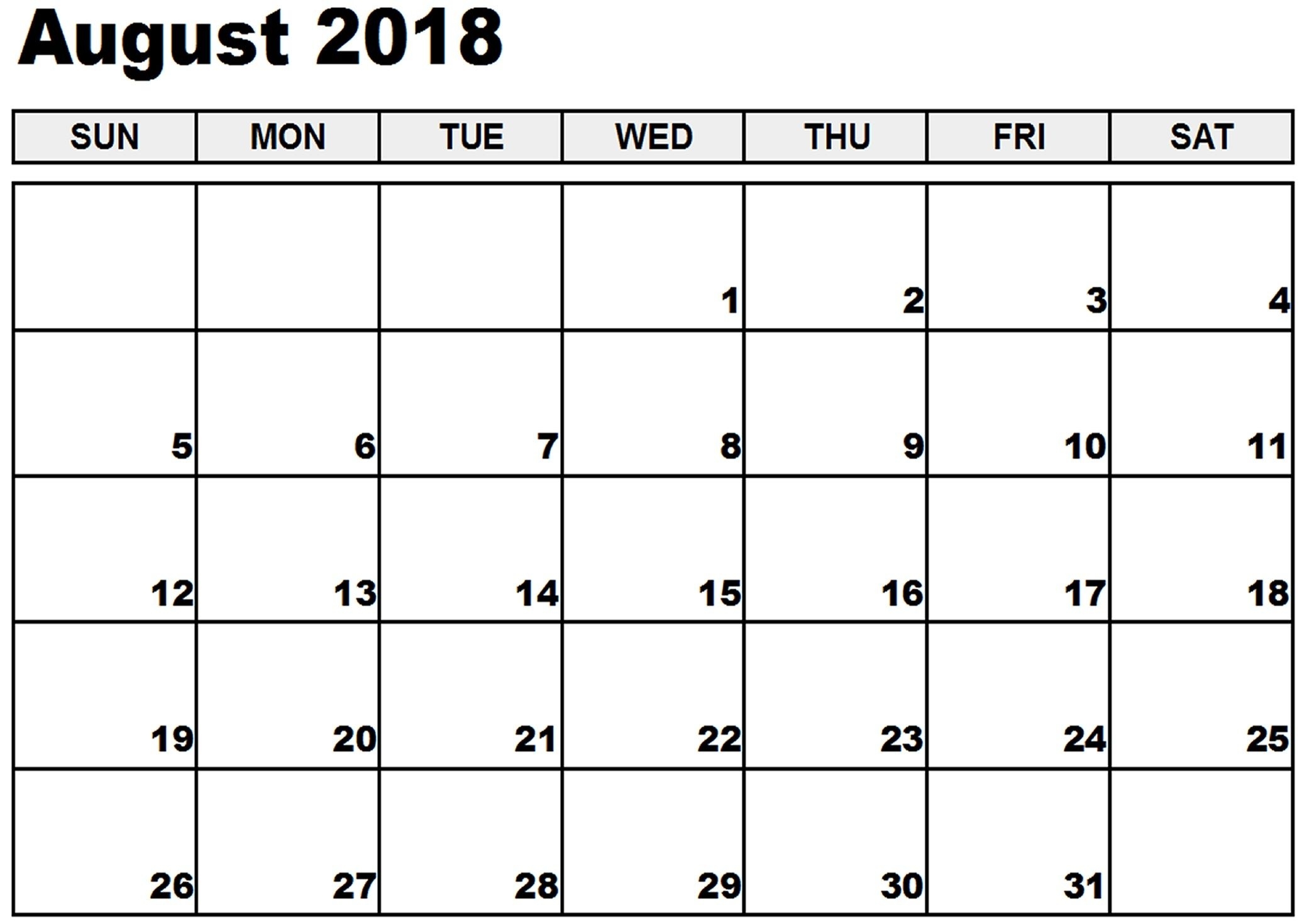 August Calendar 2018 Printable Blank Template | August 2018 Printable Calendar Blank Template