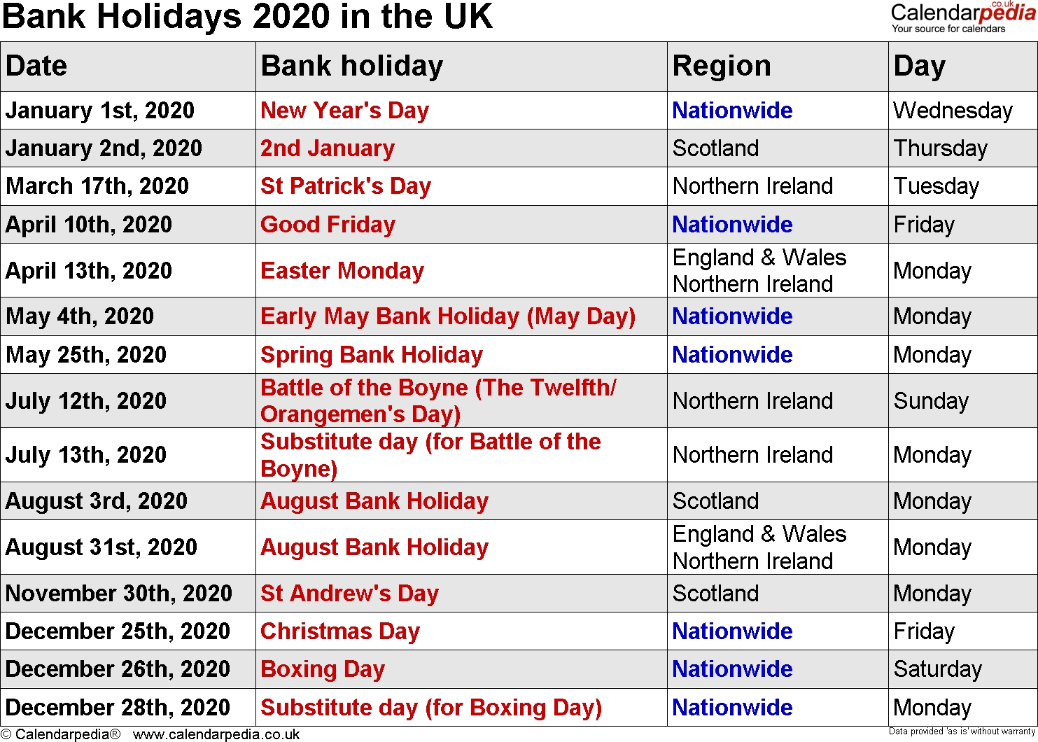 Bank Holidays 2020 In The Uk Easter 2020 Calendar Uk