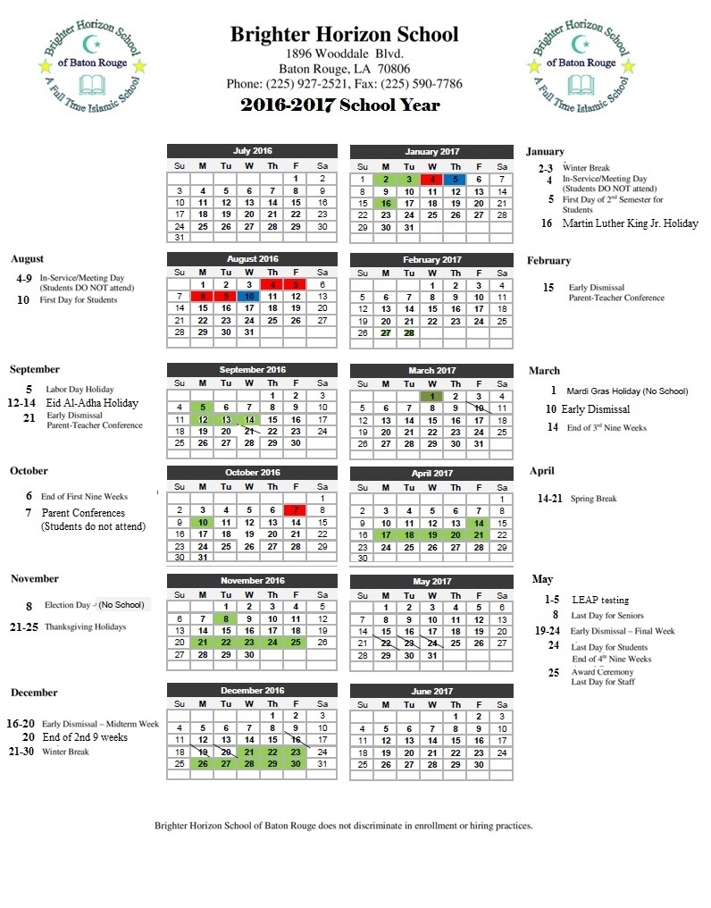 Exceptional School Calendar East Baton Rouge Parish • Printable Blank
