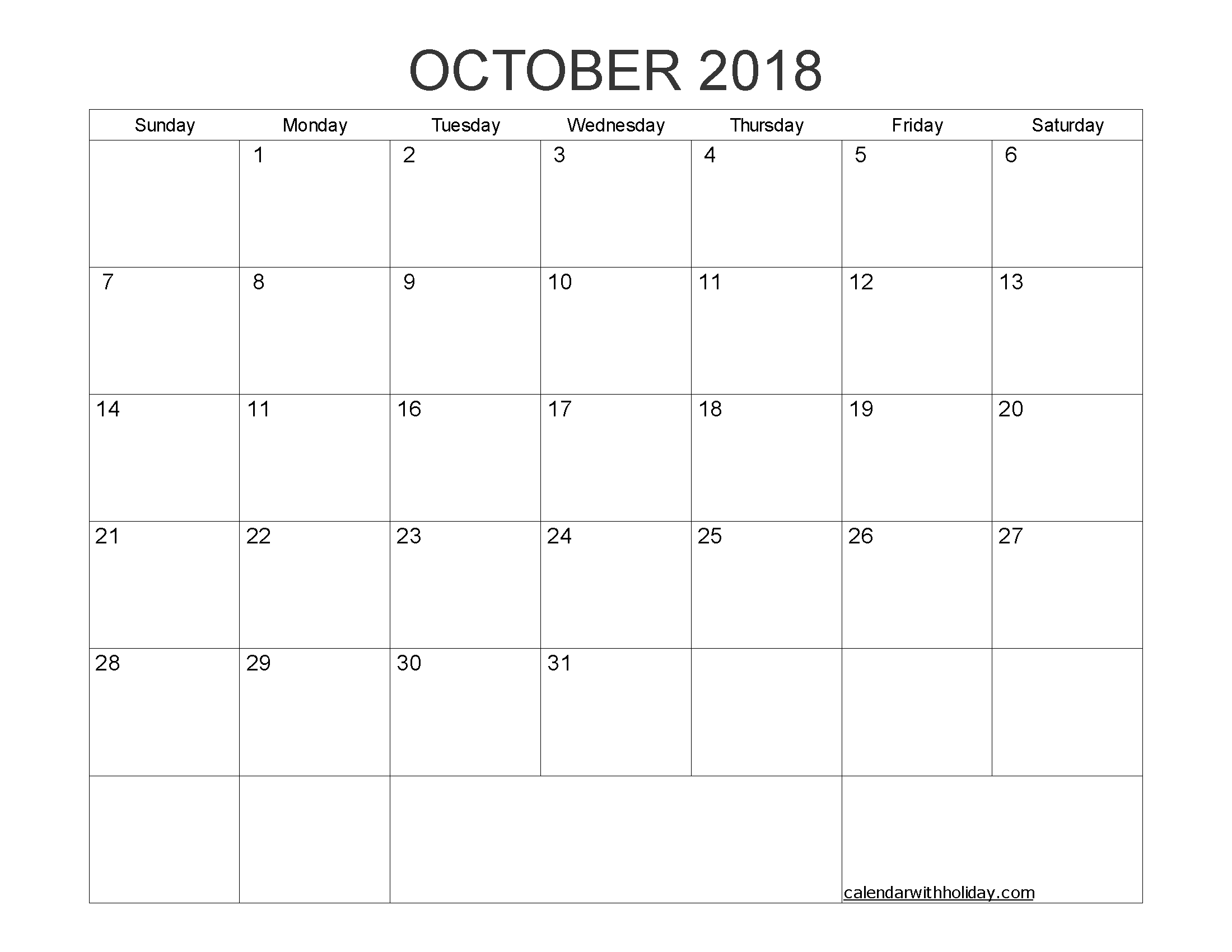 Blank Calendar October 2018 Printable 1 Month Calendar Template 1 Month Calendar Image