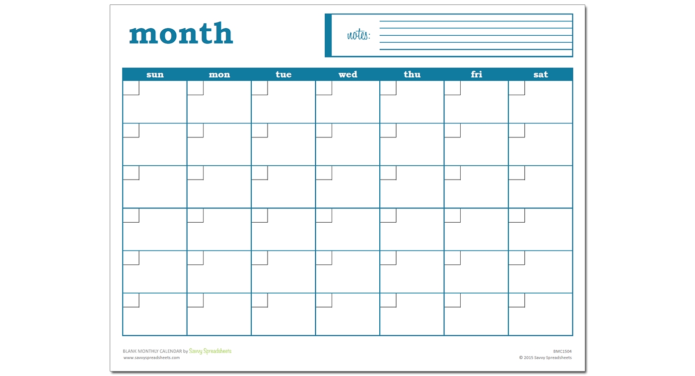 Blank Monthly Calendar - Excel Template - Savvy Spreadsheets Dashing A Blank Monthly Calendar To Print